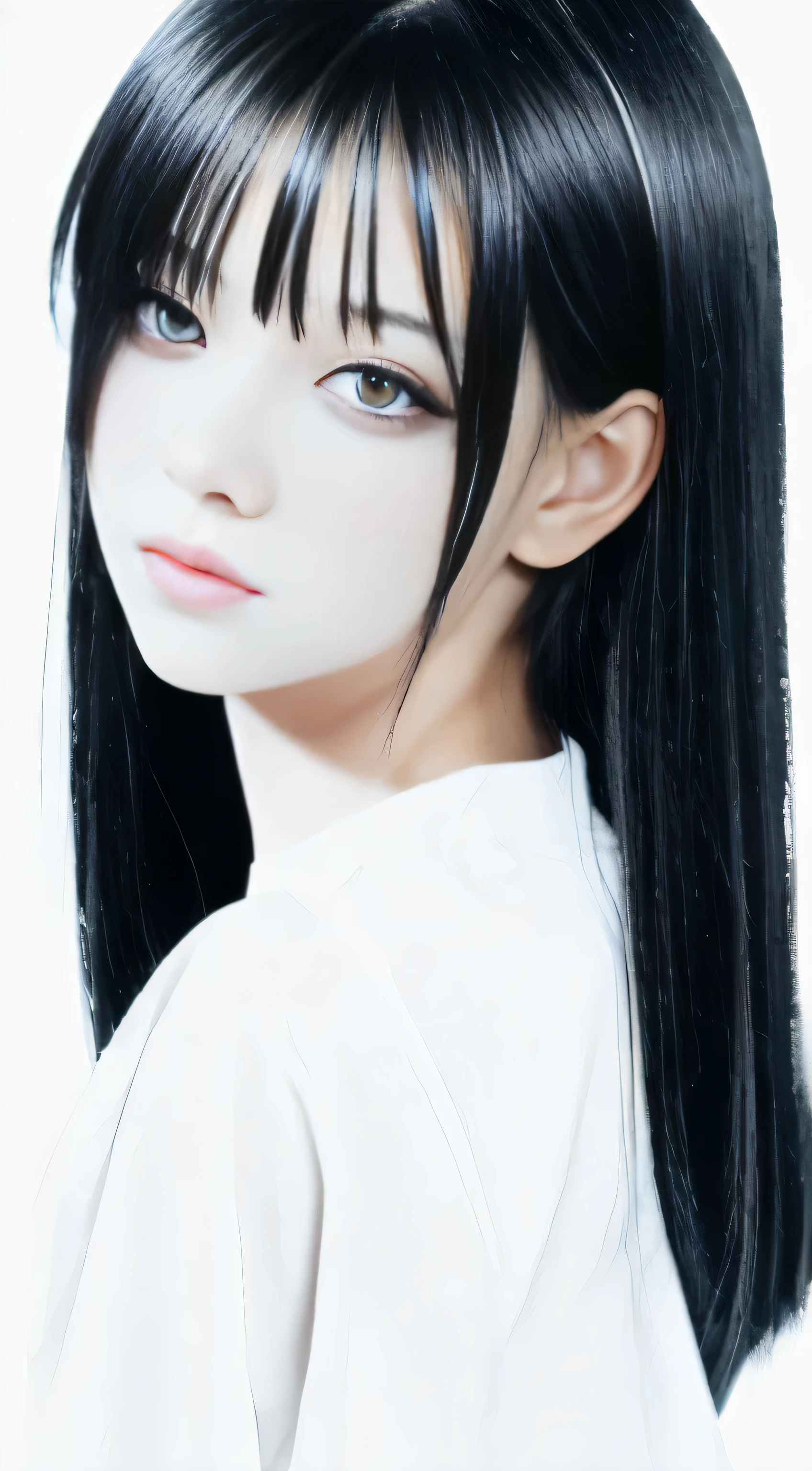 anime,(face),(beautiful detailed eyes), black hair,sliver eyes, masterpiece,looking at viewer, best_quality,white background,masterpiece,white shirt, arms behind back,  