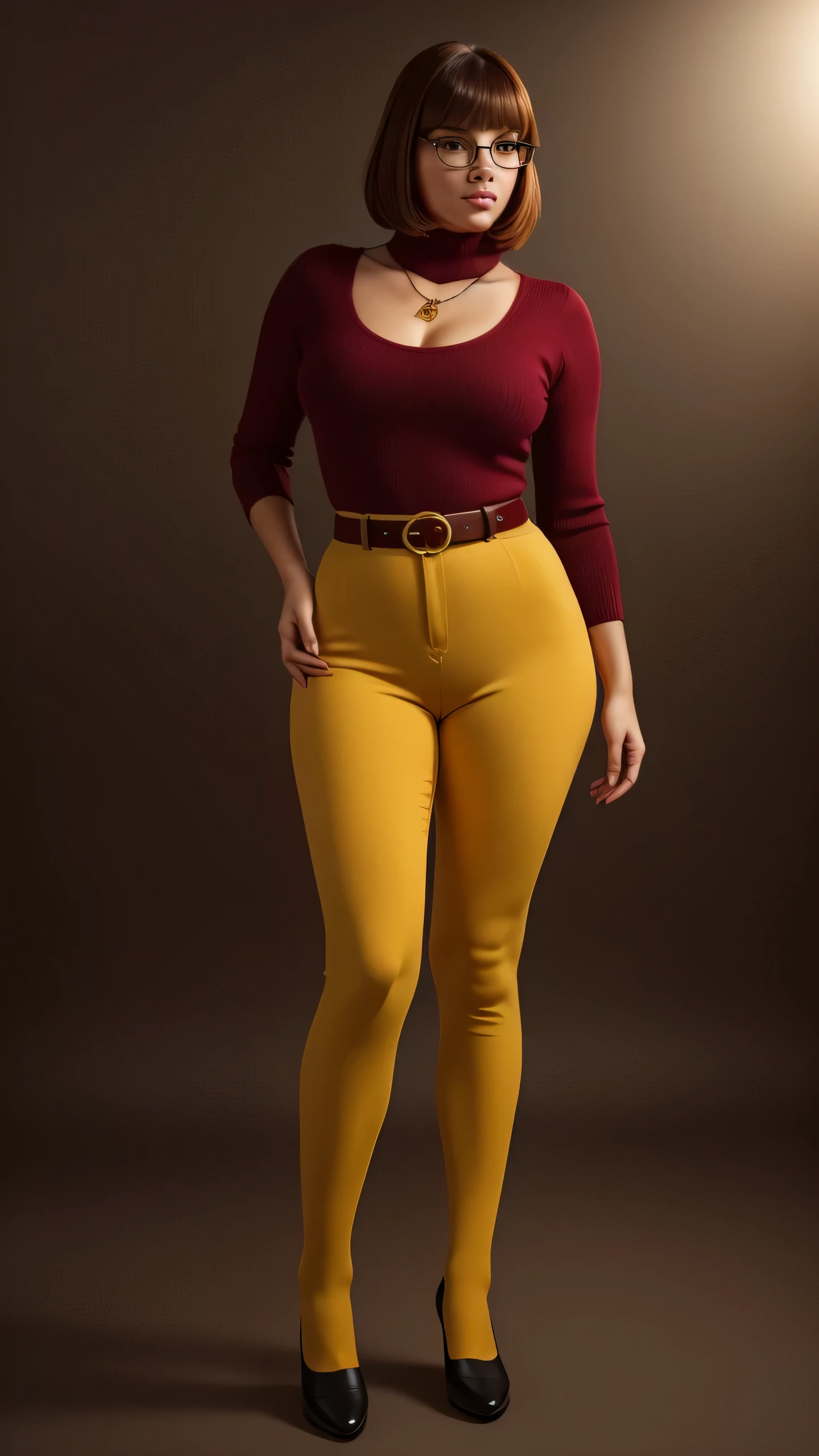 ((masterpiece, best quality, ultra-detailed, ultra-HD, photorealistic, cinematic)), (wide camera shot, full body view:1.5), (sensual pose, standing), (alluring and voluptuous female as Velma Dinkley:1.2), perfect anatomy, perfect face, proportioned hands, (deep shade of auburn with a slight natural wave hair color, chin-length bob with blunt bangs hairstyle:1.3), (retro-chic style outfit, knee-length and maroon turtleneck dress:1.2), (a matching maroon belt that cinches at her waist:1.2), (thick-framed black square glasses), (wears knee-high, mustard-yellow socks that peek out just above her brown, sensible lace-up shoes), (sports a delicate, gold pendant necklace), (vibrant orange cardigan slung over her shoulders), ((dynamic background))