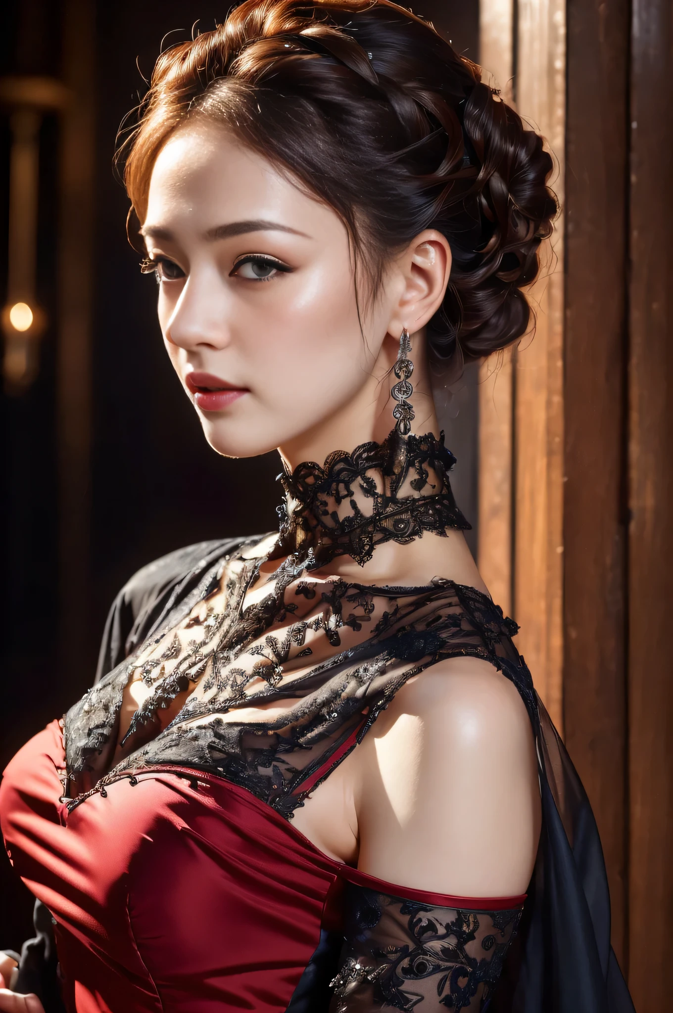 masterpiece、 sexy gothic dress、1 female、28 years old、delicate details, detailed background, (UHD, 8k wallpaper, High resolution), cinematic lighting, award-winning, highly detailed skin, highly detailed face, high detail eyes, realistic,