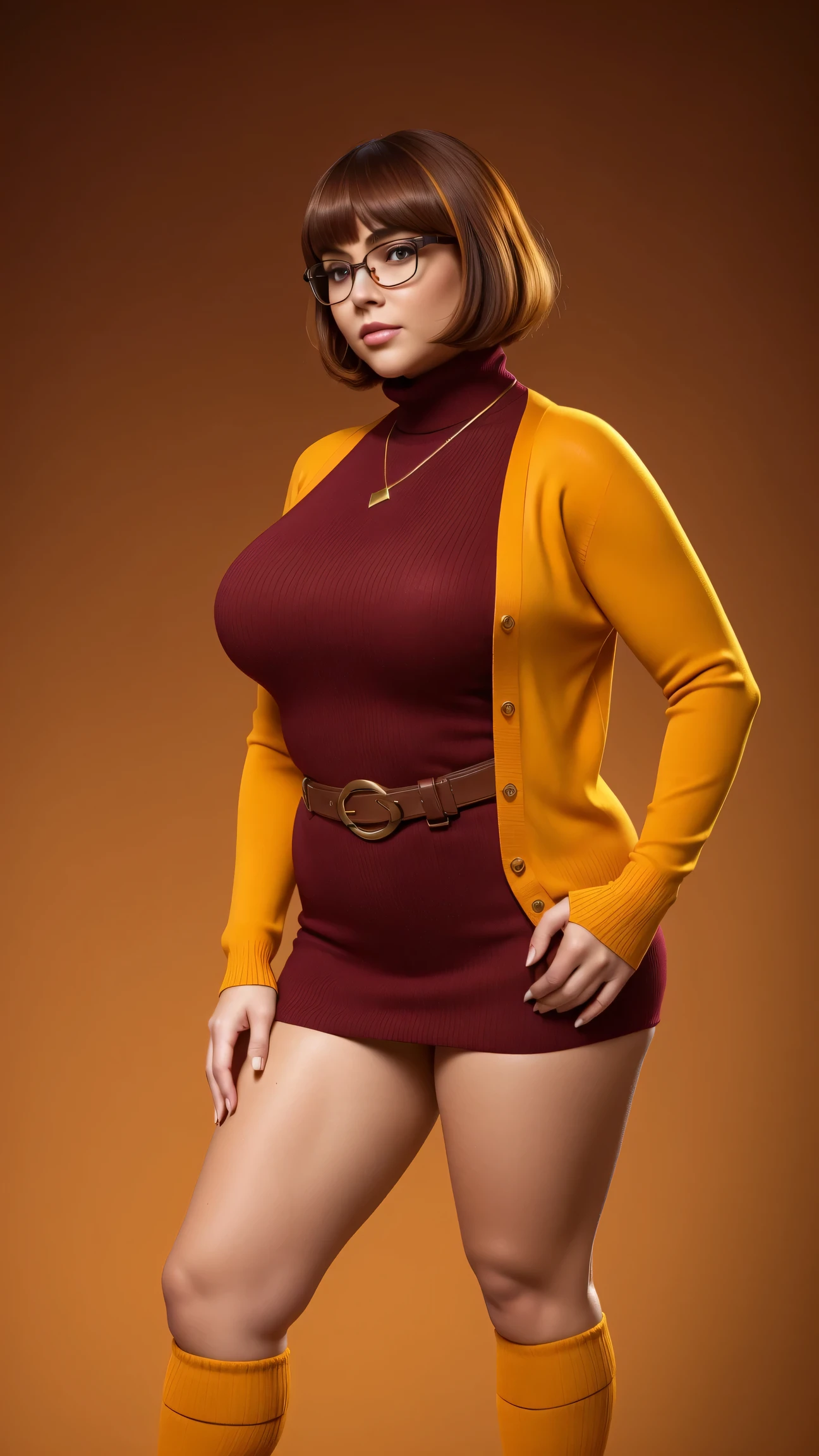 ((masterpiece, best quality, ultra-detailed, ultra-HD, photorealistic, cinematic)), (wide camera shot, full body view:1.5), (sensual pose, standing), (alluring and voluptuous female as Velma Dinkley:1.2), tight and thin yellow pants, perfect anatomy, perfect face, proportioned hands, (deep shade of auburn with a slight natural wave hair color, chin-length bob with blunt bangs hairstyle:1.3), (retro-chic style outfit, knee-length and maroon turtleneck dress:1.2), (a matching maroon belt that cinches at her waist:1.2), (thick-framed black square glasses), (wears knee-high, mustard-yellow socks that peek out just above her brown, sensible lace-up shoes), (sports a delicate, gold pendant necklace), (vibrant orange cardigan slung over her shoulders), ((dynamic background))