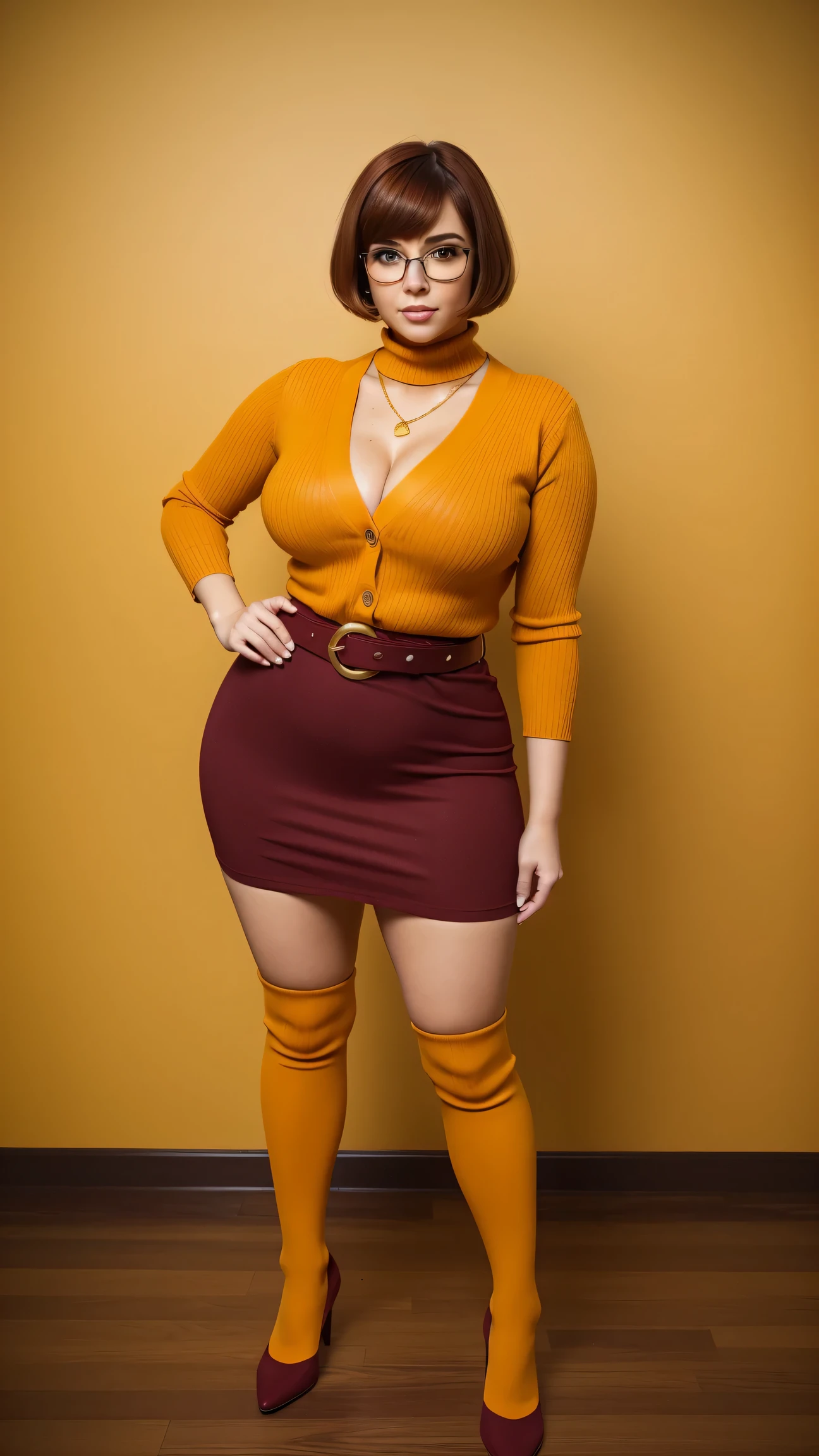 ((masterpiece, best quality, ultra-detailed, ultra-HD, photorealistic, cinematic)), (wide camera shot, full body view:1.5), (sensual pose, standing), (alluring and voluptuous female as Velma Dinkley:1.2), tight and thin yellow pants, perfect anatomy, perfect face, proportioned hands, (deep shade of auburn with a slight natural wave hair color, chin-length bob with blunt bangs hairstyle:1.3), (retro-chic style outfit, knee-length and maroon turtleneck dress:1.2), (a matching maroon belt that cinches at her waist:1.2), (thick-framed black square glasses), (wears knee-high, mustard-yellow socks that peek out just above her brown, sensible lace-up shoes), (sports a delicate, gold pendant necklace), (vibrant orange cardigan slung over her shoulders), ((dynamic background))