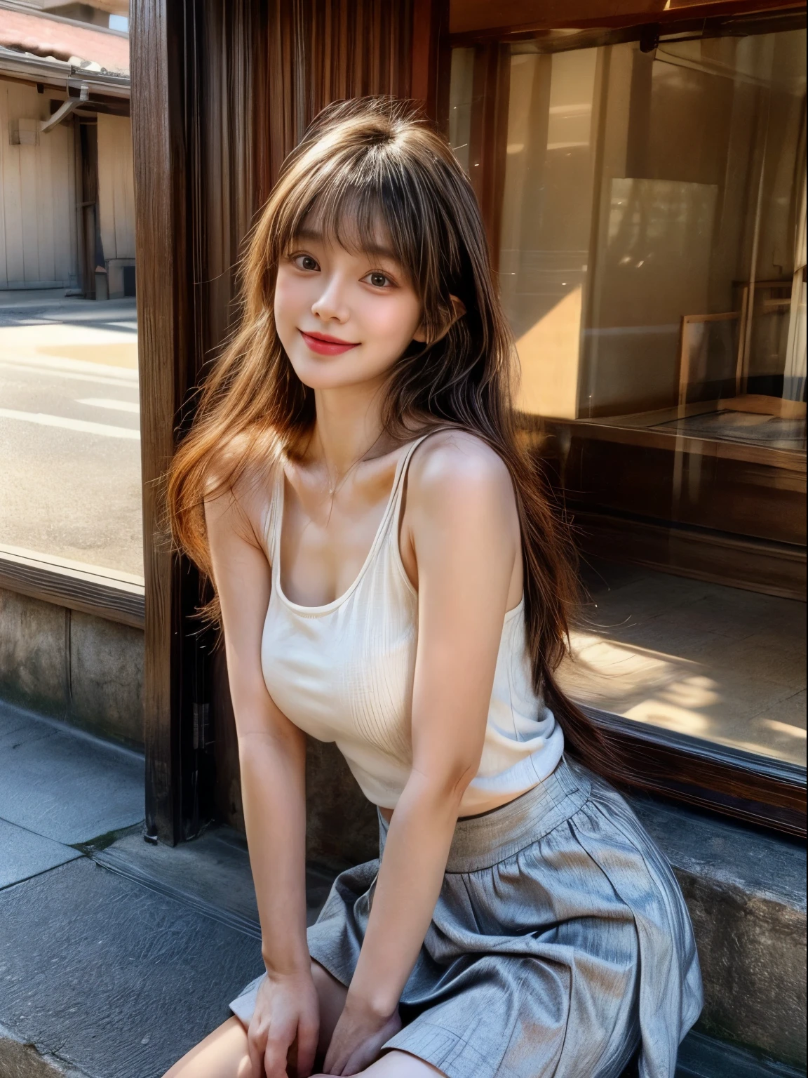 masterpiece、8K、32K、highest quality、(detailed eye)、(cute japanese woman、bangs)、23 years old、1 girl、elegant、(Detailed background depiction、Portrait:1.2)、Tank top、(mini skirt:1.3)、japanese alley、standing、sunlight、daytime、smile、cowboy shot