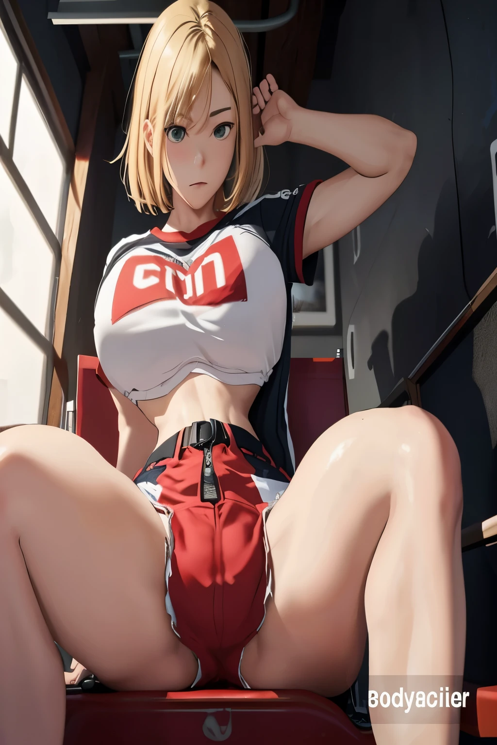 Mujer arafed con una camisa roja y blanca y pantalones cortos rojos., chica anime seductora, a Hyper realistic , Hyper realistic , render fotorrealista de chica anime, cuerpo perfecto fotorrealista, biomechanical oppai, (SFW) seguro para el trabajo, estilo anime realista 3d, cuerpo perfecto sombreado realista, cuerpo ginoide, anime 3d realista