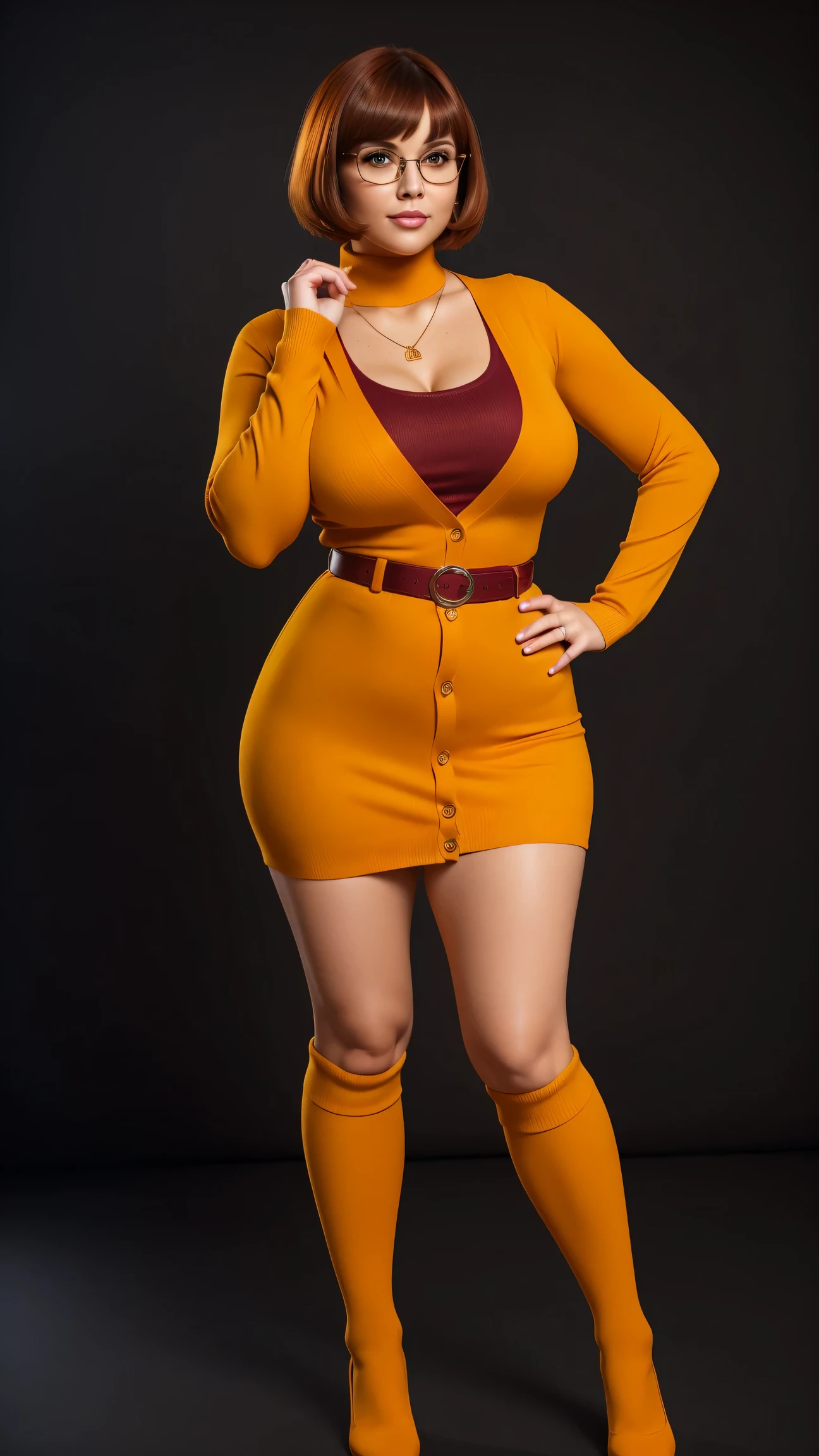 ((masterpiece, best quality, ultra-detailed, ultra-HD, photorealistic, cinematic)), (wide camera shot, full body view:1.5), (sensual pose, standing), (alluring and voluptuous female as Velma Dinkley:1.2), tight and thin yellow pants, perfect anatomy, perfect face, proportioned hands, (deep shade of auburn with a slight natural wave hair color, chin-length bob with blunt bangs hairstyle:1.3), (retro-chic style outfit, knee-length and maroon turtleneck dress:1.2), (a matching maroon belt that cinches at her waist:1.2), (thick-framed black square glasses), (wears knee-high, mustard-yellow socks that peek out just above her brown, sensible lace-up shoes), (sports a delicate, gold pendant necklace), (vibrant orange cardigan slung over her shoulders), ((dynamic background))