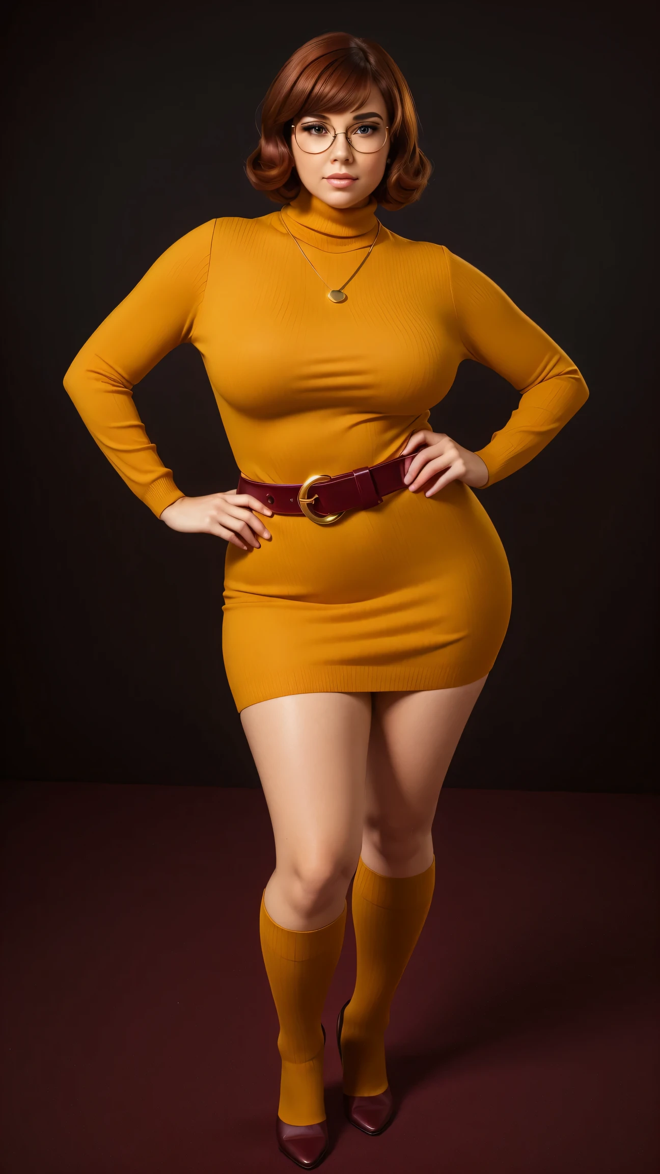 ((masterpiece, best quality, ultra-detailed, ultra-HD, photorealistic, cinematic)), (wide camera shot, full body view:1.5), (sensual pose, standing), (alluring and voluptuous female as Velma Dinkley:1.2), perfect anatomy, perfect face, proportioned hands, (deep shade of auburn with a slight natural wave hair color, chin-length bob with blunt bangs hairstyle:1.3), (retro-chic style outfit, knee-length and maroon turtleneck dress:1.2), (a matching maroon belt that cinches at her waist:1.2), (thick-framed black square glasses), (wears knee-high, mustard-yellow socks that peek out just above her brown, sensible lace-up shoes), (sports a delicate, gold pendant necklace), (vibrant orange cardigan slung over her shoulders), ((dynamic background))