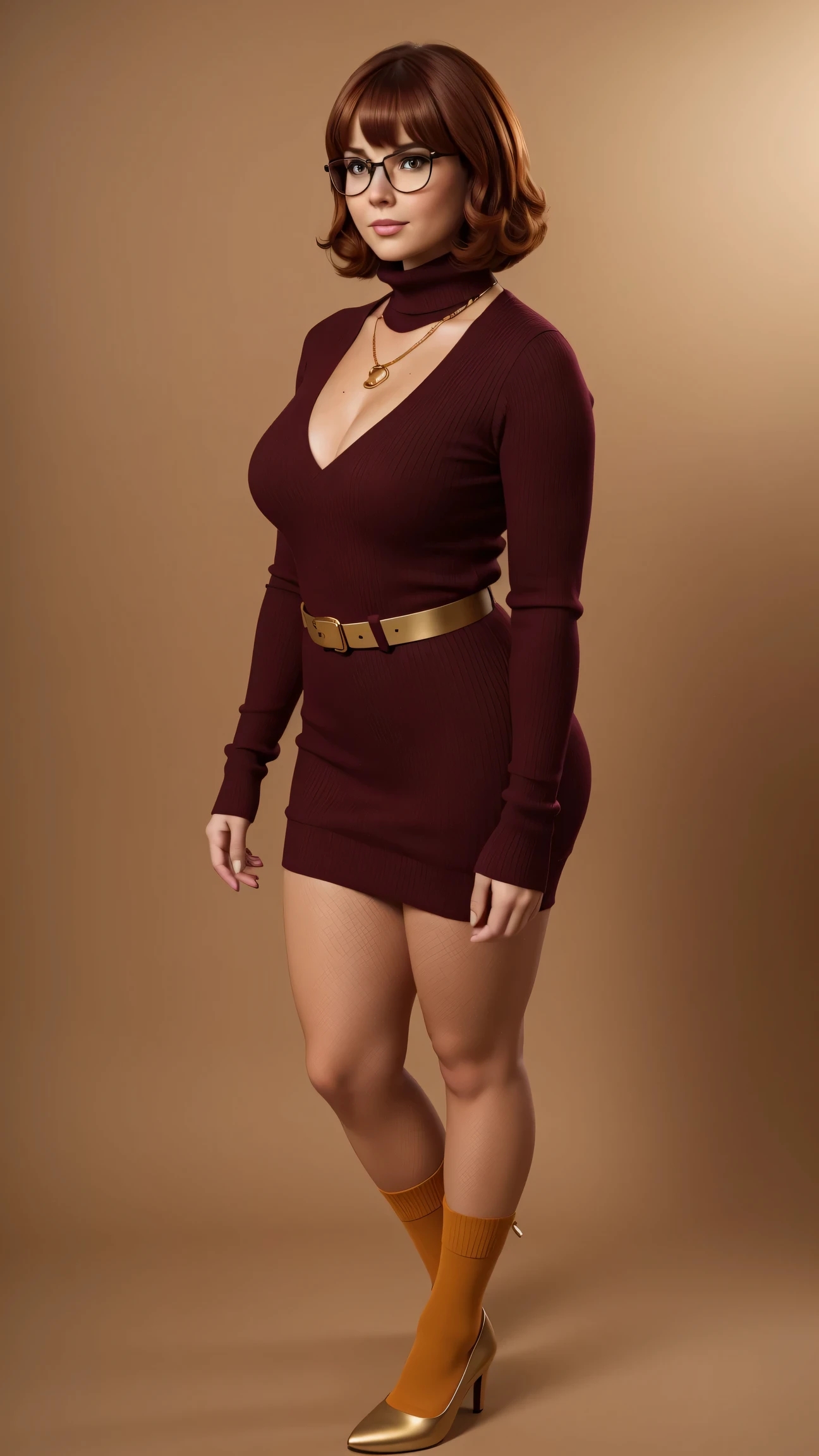 ((masterpiece, best quality, ultra-detailed, ultra-HD, photorealistic, cinematic)), (wide camera shot, full body view:1.5), (sensual pose, standing), (alluring and voluptuous female as Velma Dinkley:1.2), perfect anatomy, perfect face, proportioned hands, (deep shade of auburn with a slight natural wave hair color, chin-length bob with blunt bangs hairstyle:1.3), (retro-chic style outfit, knee-length and maroon turtleneck dress:1.2), (a matching maroon belt that cinches at her waist:1.2), (thick-framed black square glasses), (wears knee-high, mustard-yellow socks that peek out just above her brown, sensible lace-up shoes), (sports a delicate, gold pendant necklace), (vibrant orange cardigan slung over her shoulders), ((dynamic background))