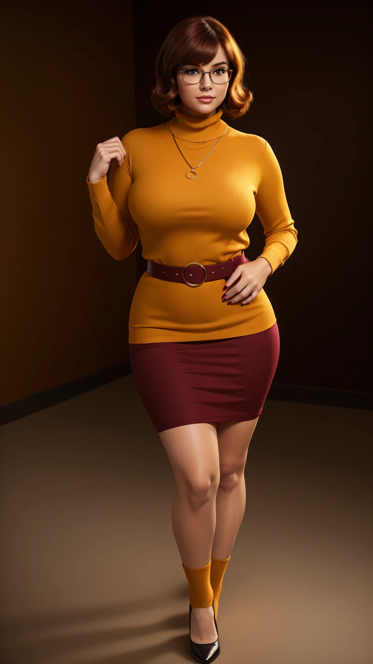 ((masterpiece, best quality, ultra-detailed, ultra-HD, photorealistic, cinematic)), (wide camera shot, full body view:1.5), (sensual pose, standing), (alluring and voluptuous female as Velma Dinkley:1.2), perfect anatomy, perfect face, proportioned hands, (deep shade of auburn with a slight natural wave hair color, chin-length bob with blunt bangs hairstyle:1.3), (retro-chic style outfit, knee-length and maroon turtleneck dress:1.2), (a matching maroon belt that cinches at her waist:1.2), (thick-framed black square glasses), (wears knee-high, mustard-yellow socks that peek out just above her brown, sensible lace-up shoes), (sports a delicate, gold pendant necklace), (vibrant orange cardigan slung over her shoulders), ((dynamic background))