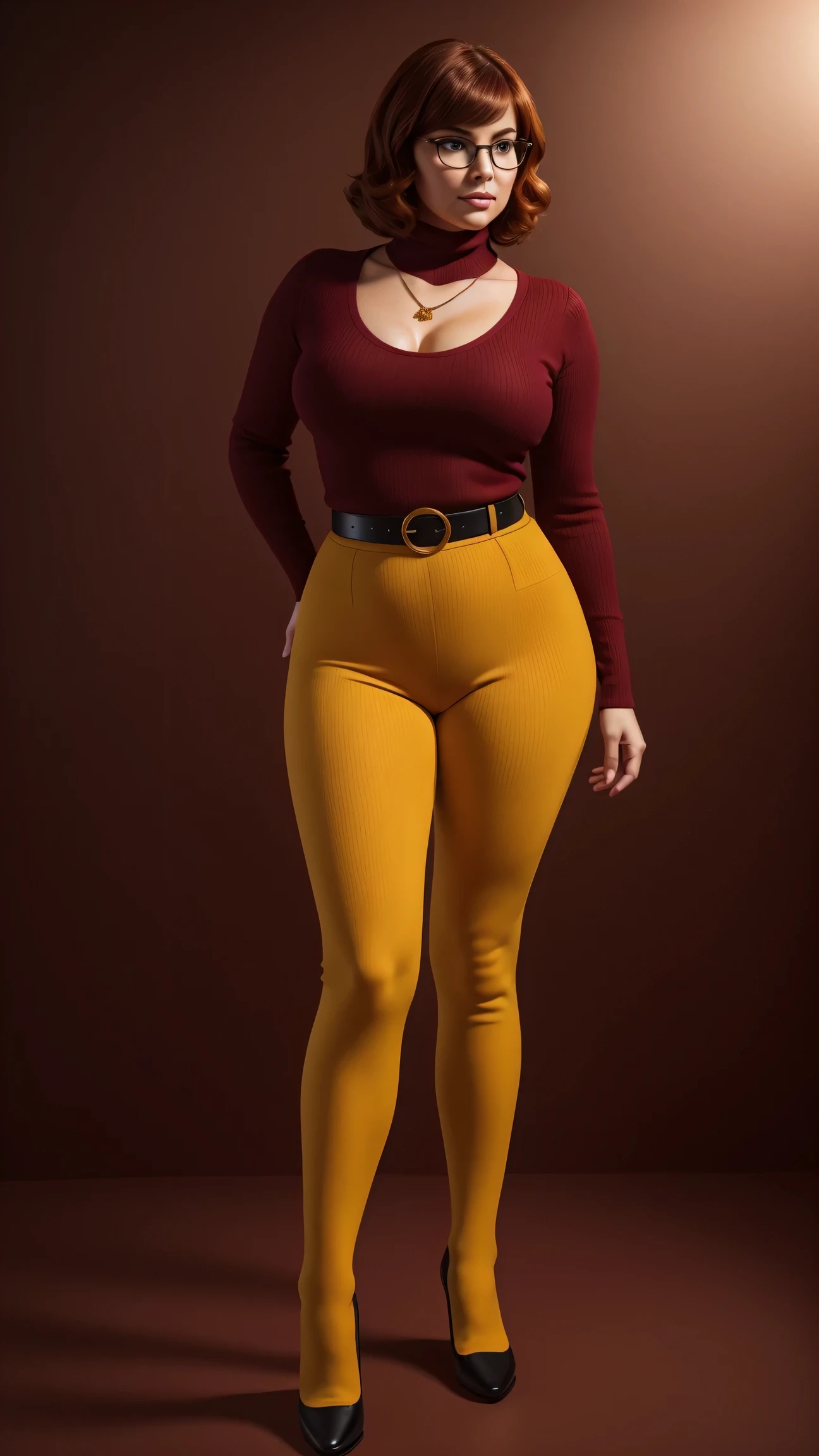 ((masterpiece, best quality, ultra-detailed, ultra-HD, photorealistic, cinematic)), (wide camera shot, full body view:1.5), (sensual pose, standing), (alluring and voluptuous female as Velma Dinkley:1.2), perfect anatomy, perfect face, proportioned hands, (deep shade of auburn with a slight natural wave hair color, chin-length bob with blunt bangs hairstyle:1.3), (retro-chic style outfit, knee-length and maroon turtleneck dress:1.2), (a matching maroon belt that cinches at her waist:1.2), (thick-framed black square glasses), (wears knee-high, mustard-yellow socks that peek out just above her brown, sensible lace-up shoes), (sports a delicate, gold pendant necklace), (vibrant orange cardigan slung over her shoulders), ((dynamic background))