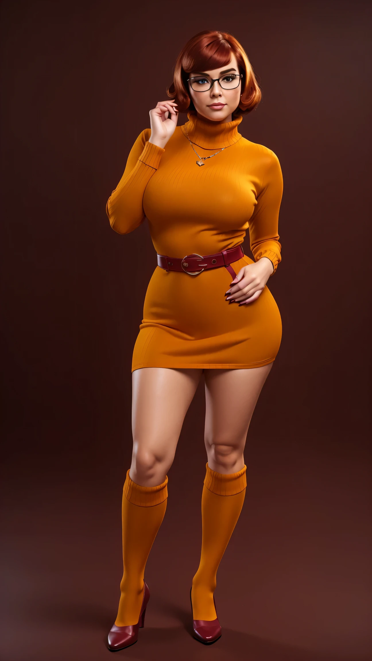 ((masterpiece, best quality, ultra-detailed, ultra-HD, photorealistic, cinematic)), (wide camera shot, full body view:1.5), (sensual pose, standing), (alluring and voluptuous female as Velma Dinkley:1.2), perfect anatomy, perfect face, proportioned hands, (deep shade of auburn with a slight natural wave hair color, chin-length bob with blunt bangs hairstyle:1.3), (retro-chic style outfit, knee-length and maroon turtleneck dress:1.2), (a matching maroon belt that cinches at her waist:1.2), (thick-framed black square glasses), (wears knee-high, mustard-yellow socks that peek out just above her brown, sensible lace-up shoes), (sports a delicate, gold pendant necklace), (vibrant orange cardigan slung over her shoulders), ((dynamic background))