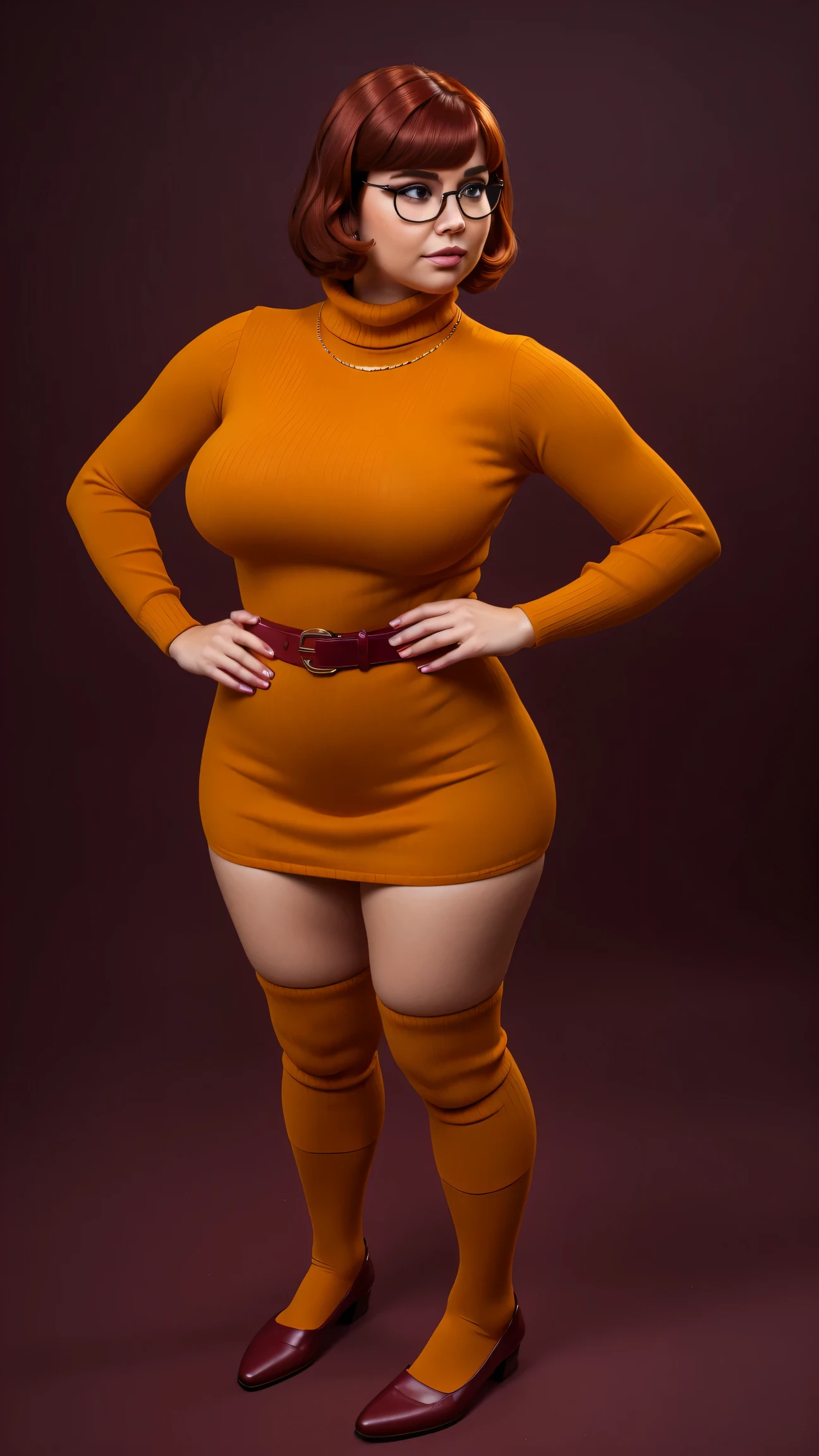 ((masterpiece, best quality, ultra-detailed, ultra-HD, photorealistic, cinematic)), (wide camera shot, full body view:1.5), (sensual pose, standing), (alluring and voluptuous female as Velma Dinkley:1.2), perfect anatomy, perfect face, proportioned hands, (deep shade of auburn with a slight natural wave hair color, chin-length bob with blunt bangs hairstyle:1.3), (retro-chic style outfit, knee-length and maroon turtleneck dress:1.2), (a matching maroon belt that cinches at her waist:1.2), (thick-framed black square glasses), (wears knee-high, mustard-yellow socks that peek out just above her brown, sensible lace-up shoes), (sports a delicate, gold pendant necklace), (vibrant orange cardigan slung over her shoulders), ((dynamic background))