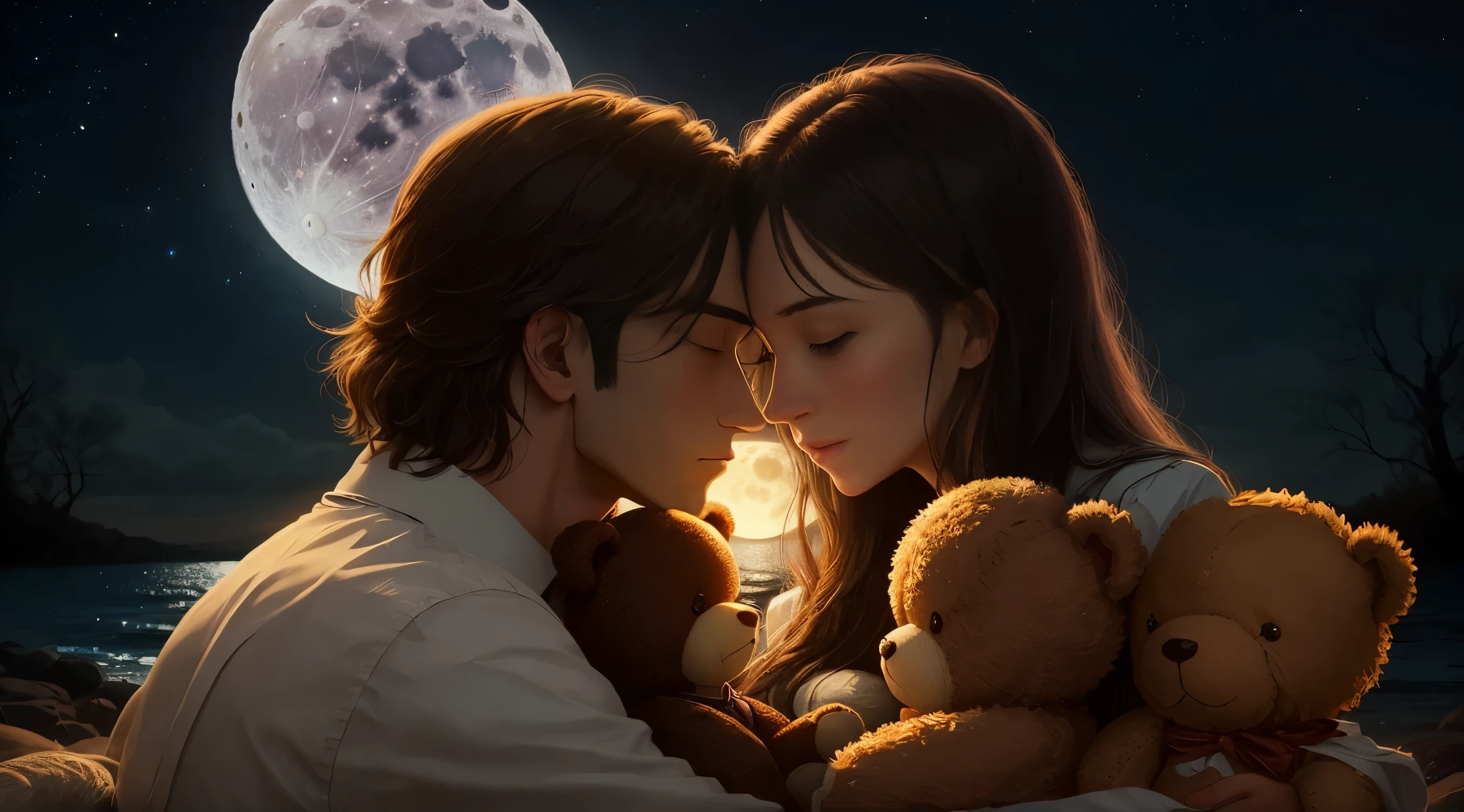 man and woman and teddy bears in love，cuddle，Full moon in the background