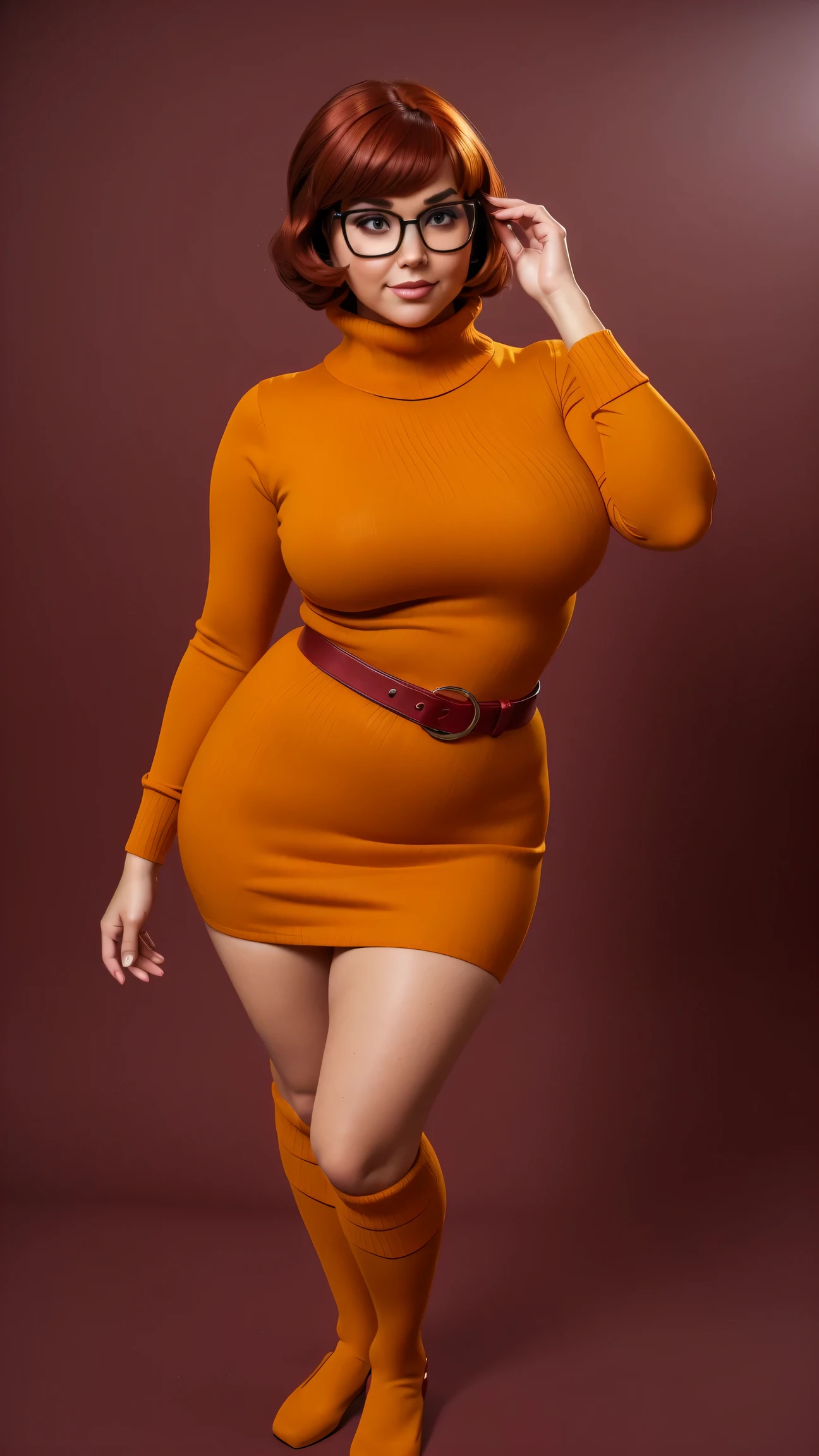 ((masterpiece, best quality, ultra-detailed, ultra-HD, photorealistic, cinematic)), (wide camera shot, full body view:1.5), (sensual pose, standing), (alluring and voluptuous female as Velma Dinkley:1.2), perfect anatomy, perfect face, proportioned hands, (deep shade of auburn with a slight natural wave hair color, chin-length bob with blunt bangs hairstyle:1.3), (retro-chic style outfit, knee-length and maroon turtleneck dress:1.2), (a matching maroon belt that cinches at her waist:1.2), (thick-framed black square glasses), (wears knee-high, mustard-yellow socks that peek out just above her brown, sensible lace-up shoes), (sports a delicate, gold pendant necklace), (vibrant orange cardigan slung over her shoulders), ((dynamic background))