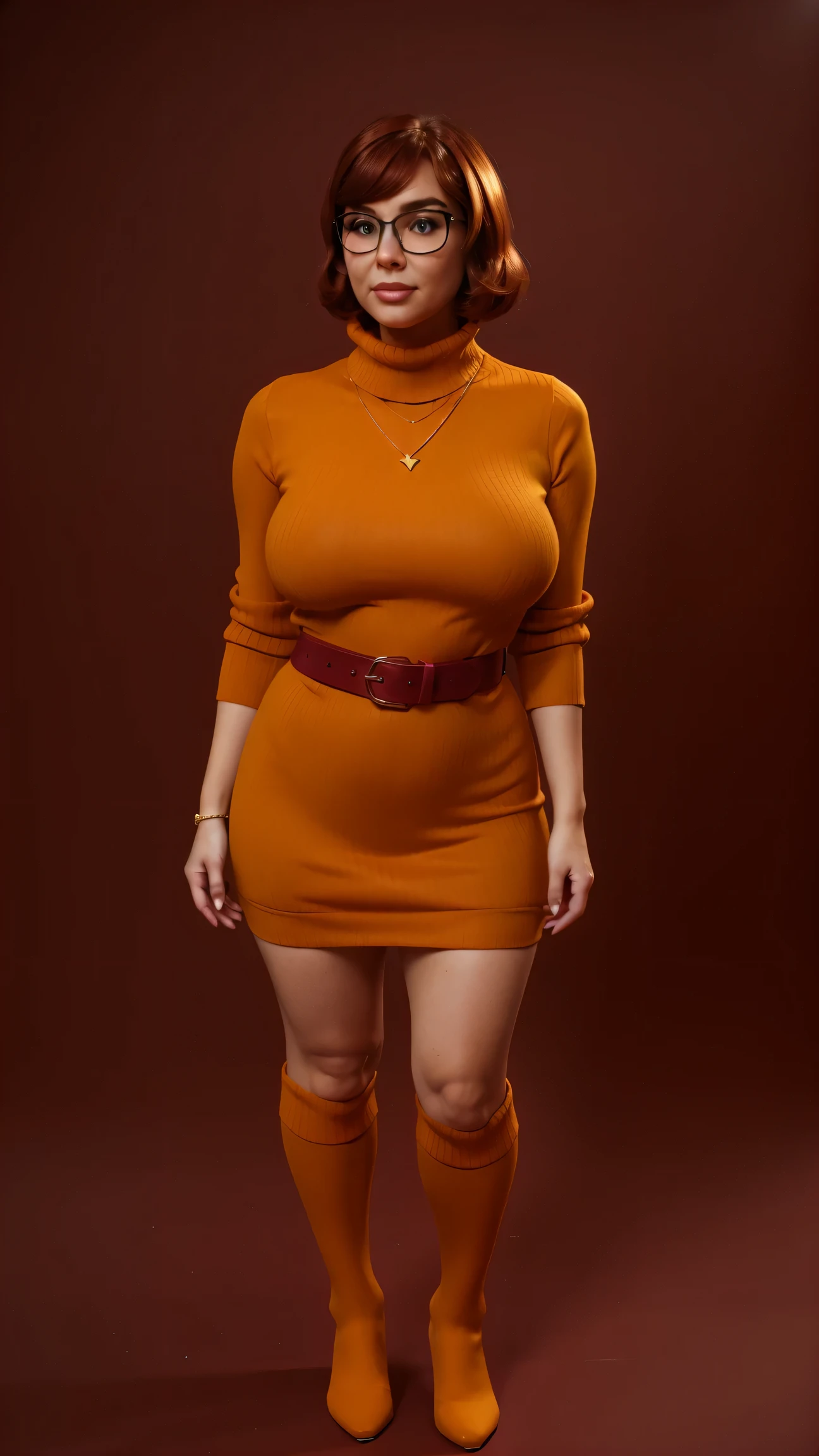 ((masterpiece, best quality, ultra-detailed, ultra-HD, photorealistic, cinematic)), (wide camera shot, full body view:1.5), (sensual pose, standing), (alluring and voluptuous female as Velma Dinkley:1.2), perfect anatomy, perfect face, proportioned hands, (deep shade of auburn with a slight natural wave hair color, chin-length bob with blunt bangs hairstyle:1.3), (retro-chic style outfit, knee-length and maroon turtleneck dress:1.2), (a matching maroon belt that cinches at her waist:1.2), (thick-framed black square glasses), (wears knee-high, mustard-yellow socks that peek out just above her brown, sensible lace-up shoes), (sports a delicate, gold pendant necklace), (vibrant orange cardigan slung over her shoulders), ((dynamic background))