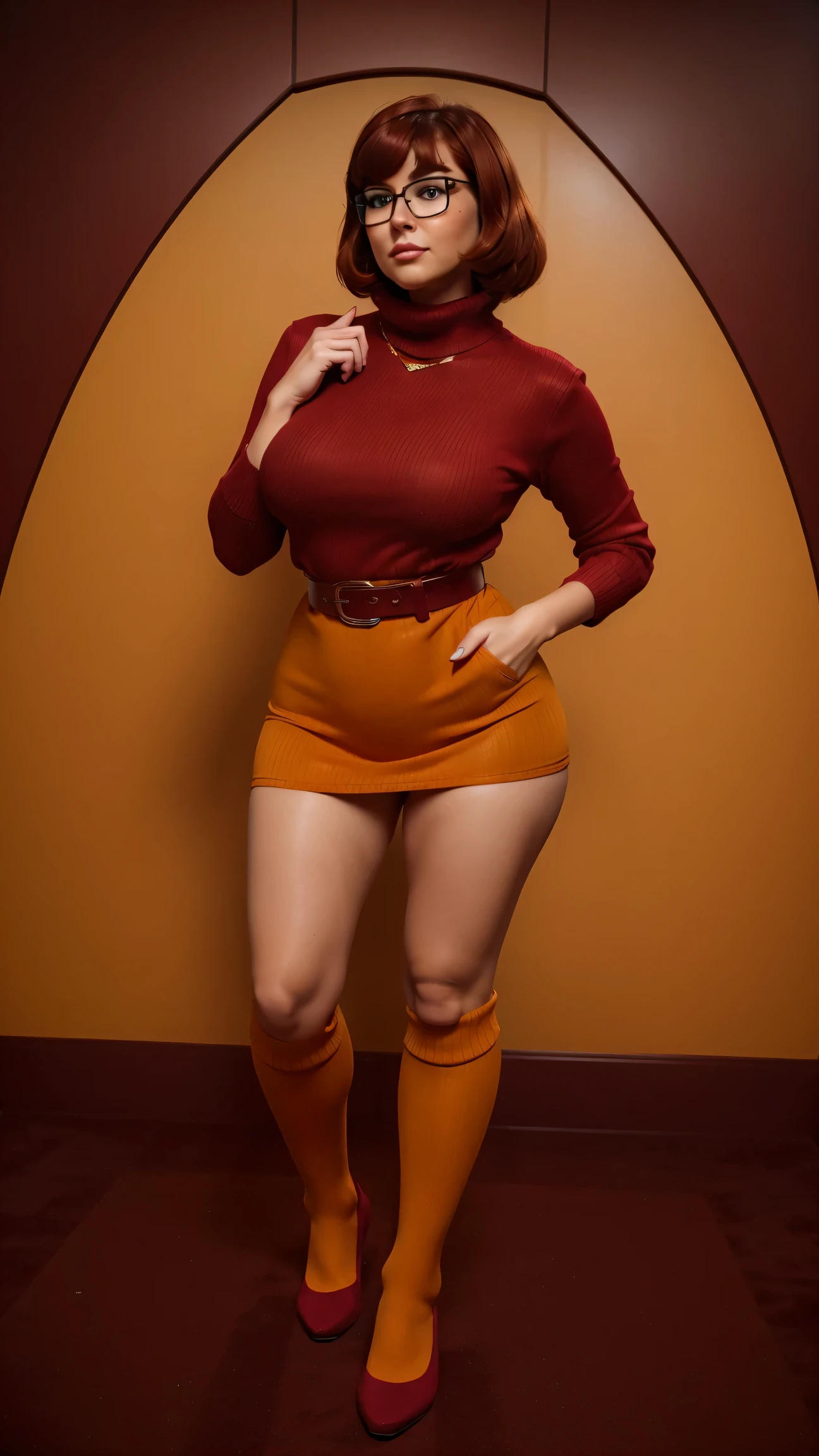 ((masterpiece, best quality, ultra-detailed, ultra-HD, photorealistic, cinematic)), (wide camera shot, full body view:1.5), (sensual pose, standing), (alluring and voluptuous female as Velma Dinkley:1.2), perfect anatomy, perfect face, proportioned hands, (deep shade of auburn with a slight natural wave hair color, chin-length bob with blunt bangs hairstyle:1.3), (retro-chic style outfit, knee-length and maroon turtleneck dress:1.2), (a matching maroon belt that cinches at her waist:1.2), (thick-framed black square glasses), (wears knee-high, mustard-yellow socks that peek out just above her brown, sensible lace-up shoes), (sports a delicate, gold pendant necklace), (vibrant orange cardigan slung over her shoulders), ((dynamic background))