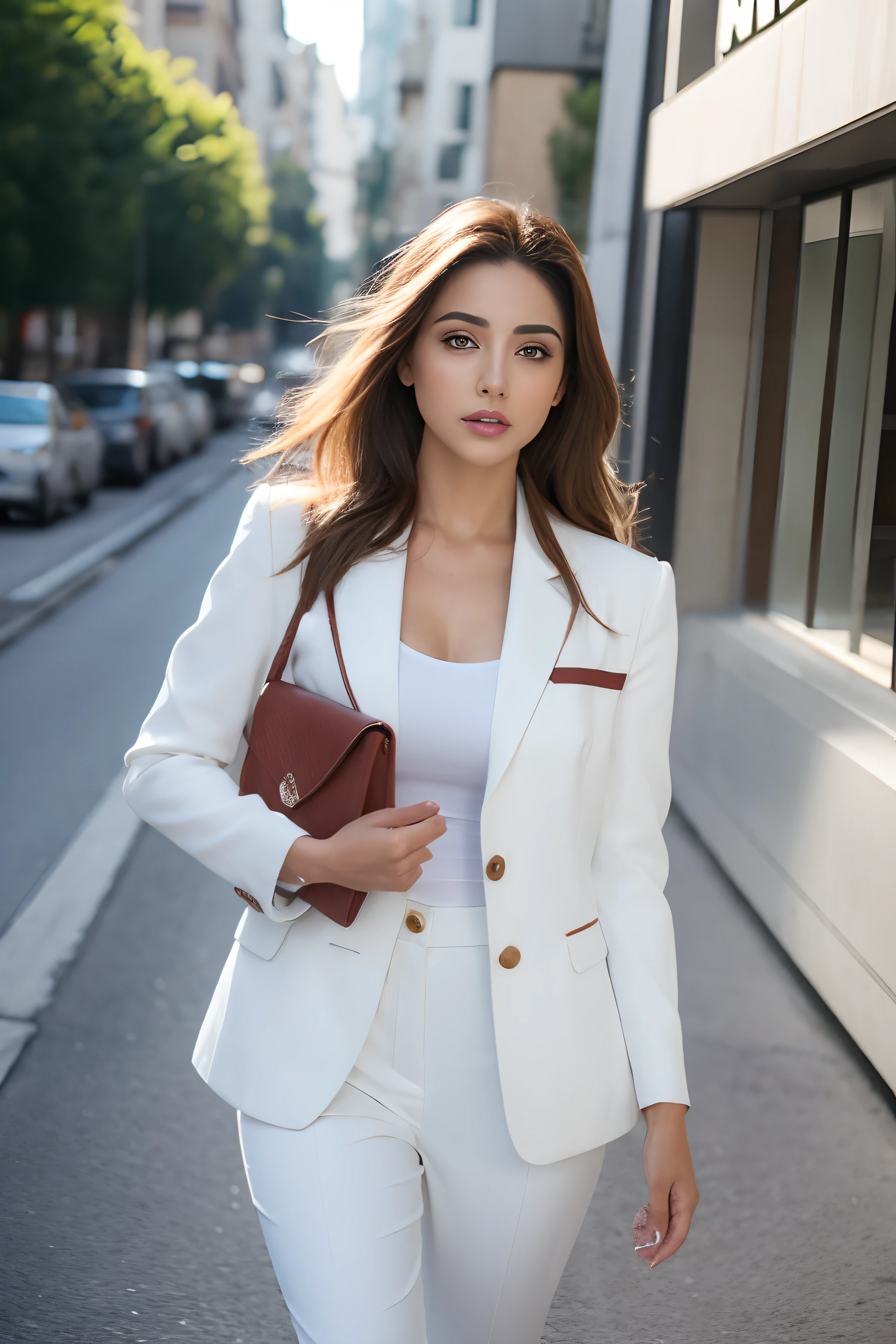 ((Realistic lighting, melhor qualidade, 8k, parte mestre: 1.3)), foco claro: 1.2, 2, figura perfeita: 1.4, ((cabelo medio castanho)), white blazer and white pants and a white sneaker: 1.4), olhos finos, Palpebras duplas, Woman is posing as a businesswoman as she walks down the street,  inspired by Gina Pellón, Instagram, taquisma, Violeta Myers, lorena avarez, Olivia&#39;s fault, Alanis Guillen, Parece Laura Barriales,  Sofia Mudd, ameera bronzeada com taweel |, Mulher mexicana bonita, imagem de corpo inteiro