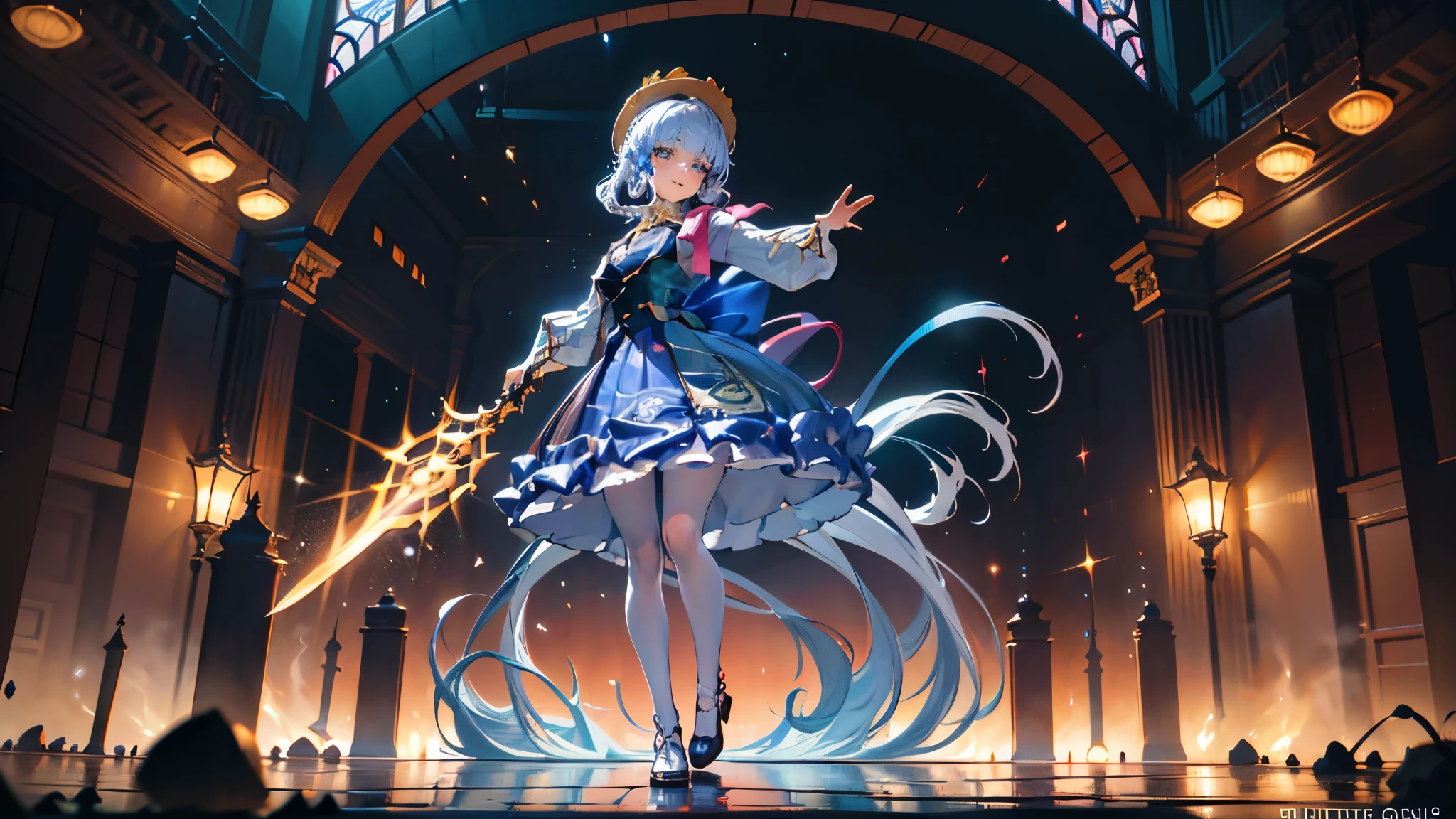 (Full body posing:1.5), (colorful:1.2), Dynamic angle, (extremely detailed CG unity 16k wallpaper:1.1), (Denoising strength: 1.45), (tmasterpiece:1.37), beautiful cute gothic dark magical girl in 17 years old with witch style, wearing witch hat, (Fencing & Holding Swords poses:1.1), her magic is dark and purple glowing colored, evil, smiling an evil cute smile, water glowing aura, powerful, ultra power, glowing power, magical water power, water splash background, cute white face, purple and red glowing magic, (incredible details, cinematic ultra wide angle, dark background, depth of failed, hyper detailed, insane details, high resolution, incredible quality, dynamic shot, starrystarscloudcolorful, Ambilight, ultra-high quality, (ultra detailed original illustration), double exposure, glitch, (original illustration composition), (maximalism artstyle), ((1girl:1.4)), (highly detailed beautiful face and eyes), floating full body, hyper realistic, cinematic lighting, soft lighting, god rays, sparkle, masterpiece