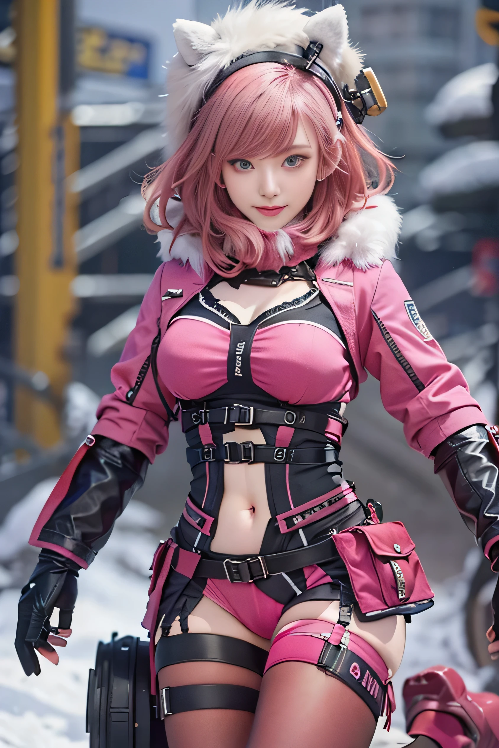 (photorealistic:1.5, highest quality,masterpiece,High resolution,muste piece),snow mountainに立つ1人の23歳の女性,cyber punk,(red flared skirt,Red combat uniform,choker,knee high socks), detailed eyes:1.7,detailed eyes:1.8,beautiful skin:1.8, (looking at the camera:1.2),(Photo seen from the front bottom:1.3),(Short Hair:1.2,bright pink hair:1.5), expression( Shy Smile:1.3,blushing:1.3),Pause( Seductive pose:1.5),background(snow mountain:1.5,ruins,apocalyptic world),(Medium chest,slender, abs:1.2), (Underwear visible through clothing),(Butt visible through clothes),(detailed perfect face),normal hands:1.5,normal finger:1:5,normal feet:1.5,(cameltoe)