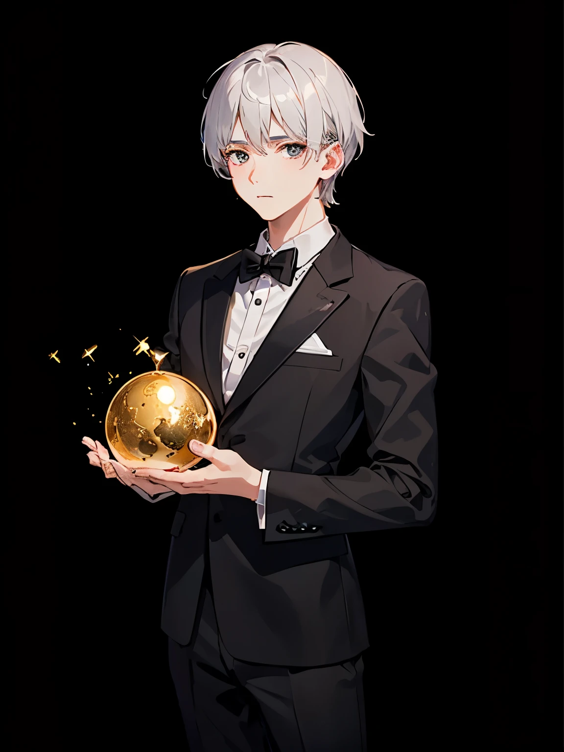 (golden ratio:1.2),master piece,[(black background:1.4)::10],alone,(1 boy:1.3),Main body,silver hair,Bob Hairstyles,short and fine hair,black eye,(This is a beautiful 10 year old male),Short boys,(tuxedo :1.2),Super detailed, highest quality, High resolution,(8K、highest quality、master piece:1.2)