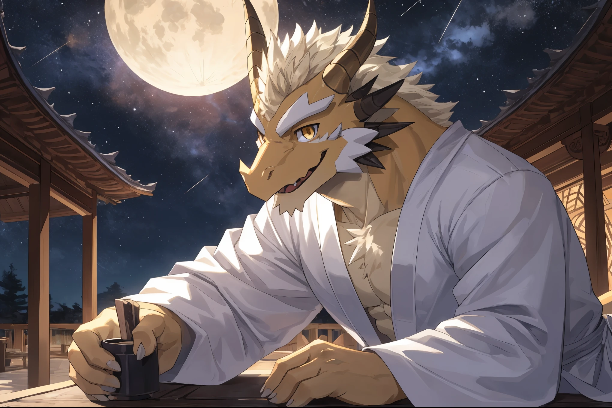 Publaz, dragon, golden fur, two tone, golden eyes, (muscular body), perfect eyes, Handsome, nice,(Wearing a white robe), under the night sky, Express, Background under the stars,(close up),(joyful eyes:1.3),Turn to look at the screen,dragon角,dragon尾,Different pupils,perfect masterpiece,(16k),white belly,solo,((strong)),(Brightly lit background of ancient pavilion),Reach out to the screen