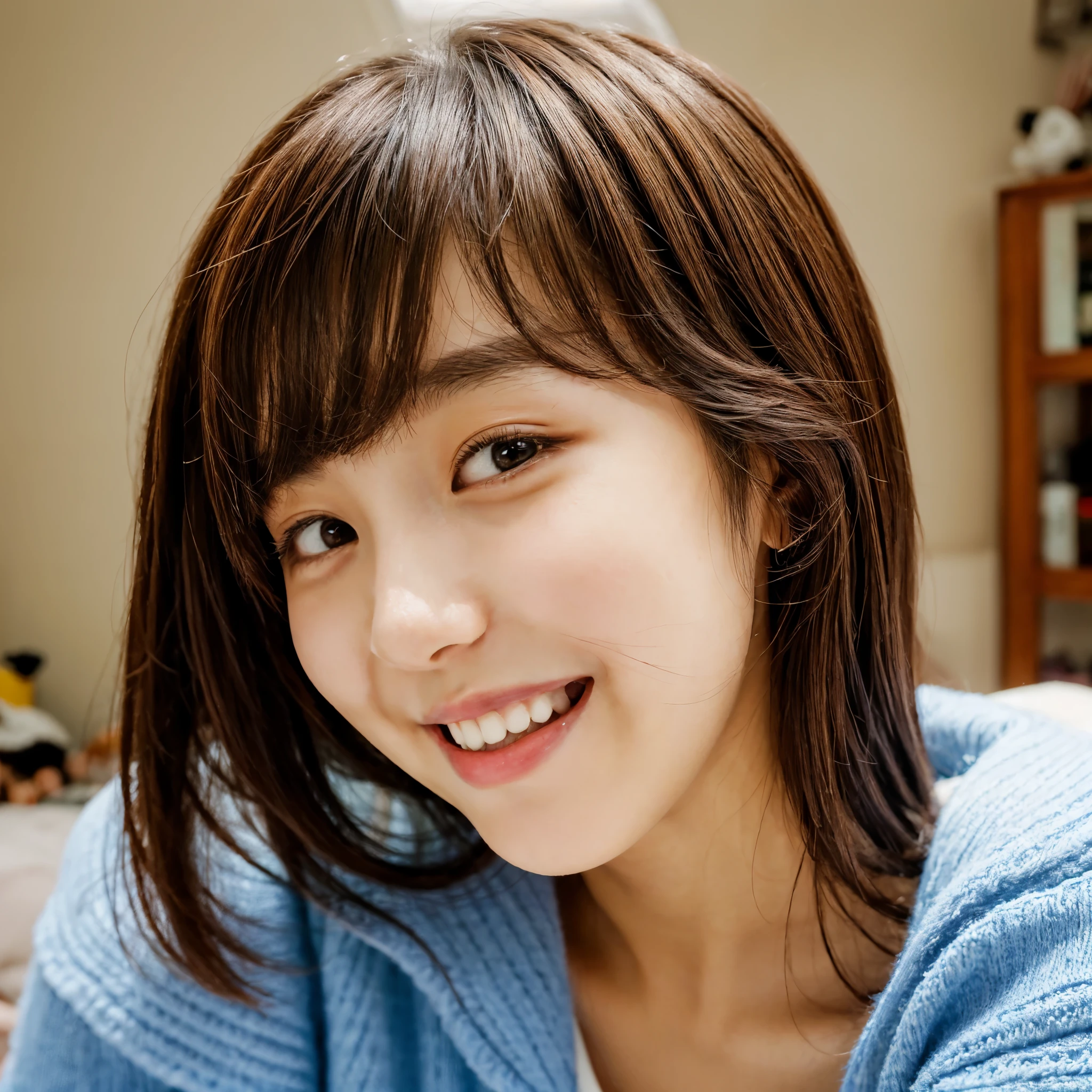 1 woman、18-year-old、masterpiece、highest quality、super detailed、born、Japanese、like a korean idol、brown hair、(small face:1.4)、eyeliner、eye shadow、laughter、(Curvaceous:1.4)、Room wear、dynamic pose、Slow motion、blur the background