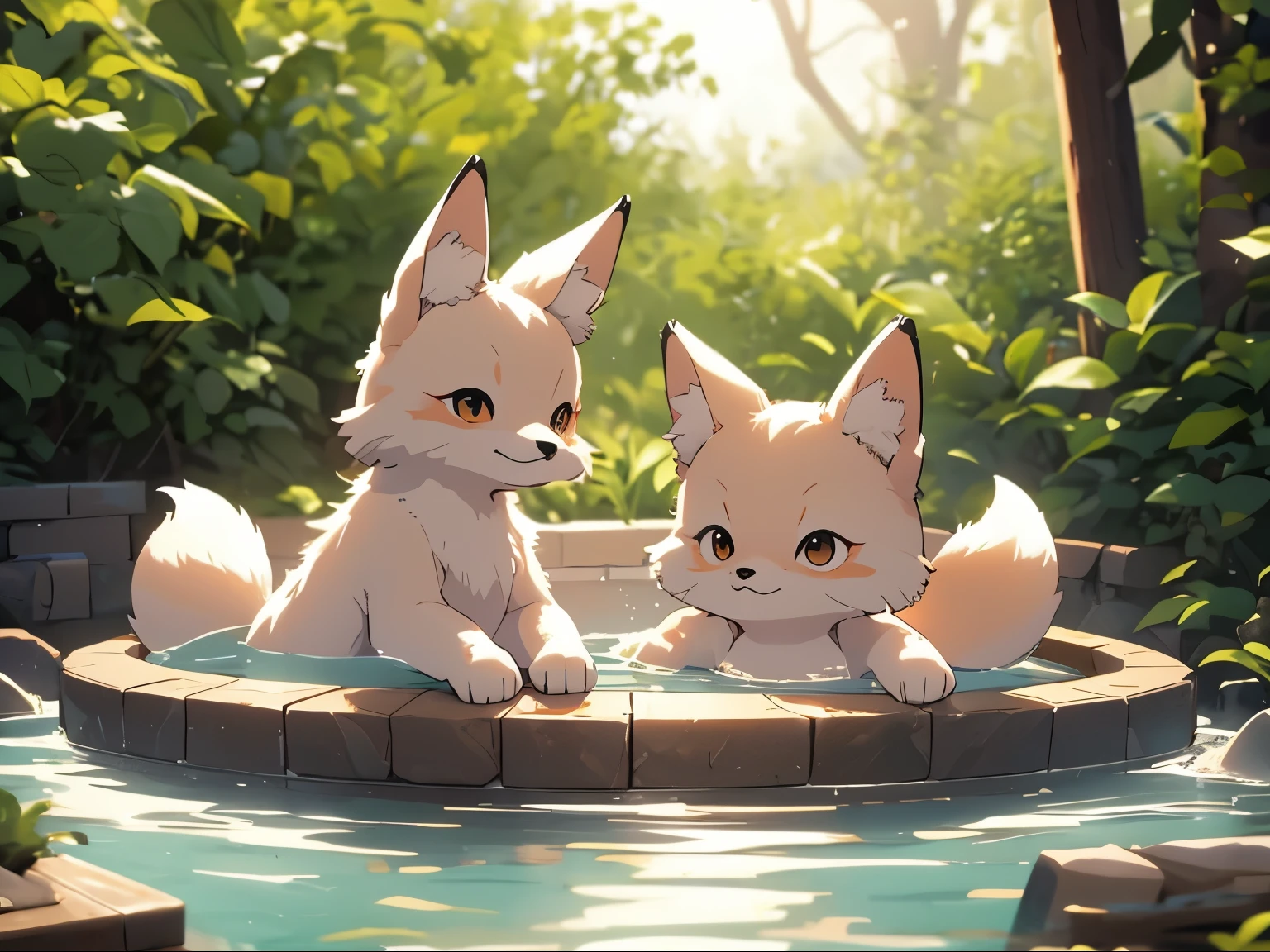 masterpiece、hot spring、take an open-air bath、Two girls who personify baby foxes、 body type、Little、Fox ears and tail、snow scene、full nude、relaxed expression