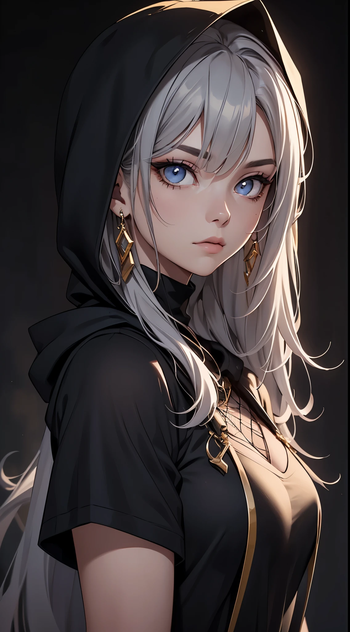 White elf girl, dark grey hair color, very long flowing hair, grey eye color, small eyes, round eye shape, eyeliner, realistic face shape. black shirt, portrait, wearing a black hood, black background, Depth of Field. looking at camera, dreamy look detailed eyes, detailed face, detailed skin, Ultra Detailed, Beautiful and Aesthetic, Masterpiece, Best Quality, shoulders showing. fish net fabric, round chin shape. wearing black hood over hair. showing full upper body and face. wearing a black hood, alot of flairs in background, zoomed out, black and gold. glowing,