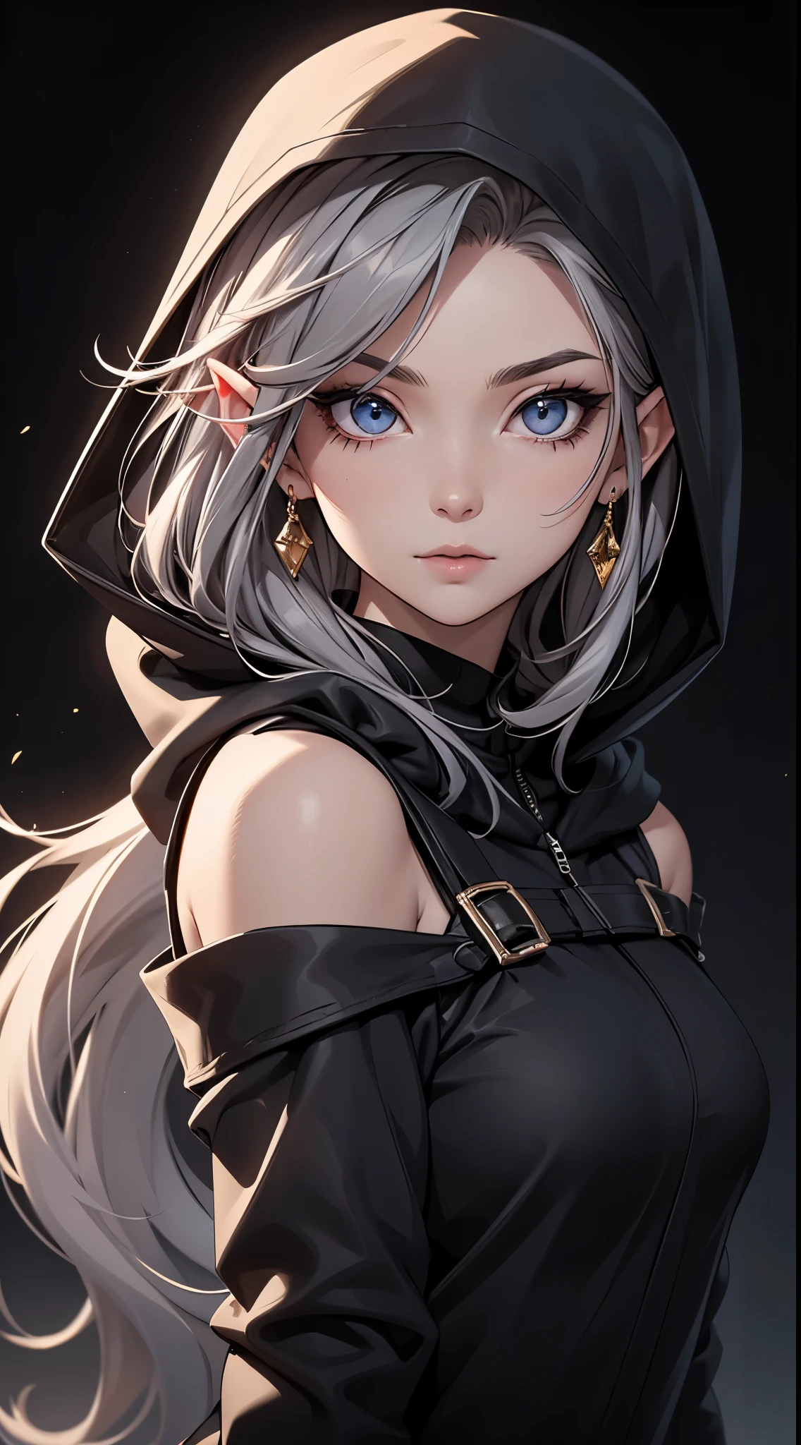 White elf girl, dark grey hair color, very long flowing hair, grey eye color, small eyes, round eye shape, eyeliner, realistic face shape. black shirt, portrait, wearing a black hood, black background, Depth of Field. looking at camera, dreamy look detailed eyes, detailed face, detailed skin, Ultra Detailed, Beautiful and Aesthetic, Masterpiece, Best Quality, shoulders showing. fish net fabric, round chin shape. wearing black hood over hair. showing full upper body and face. wearing a black hood, alot of flairs in background, zoomed out, black and gold. glowing,