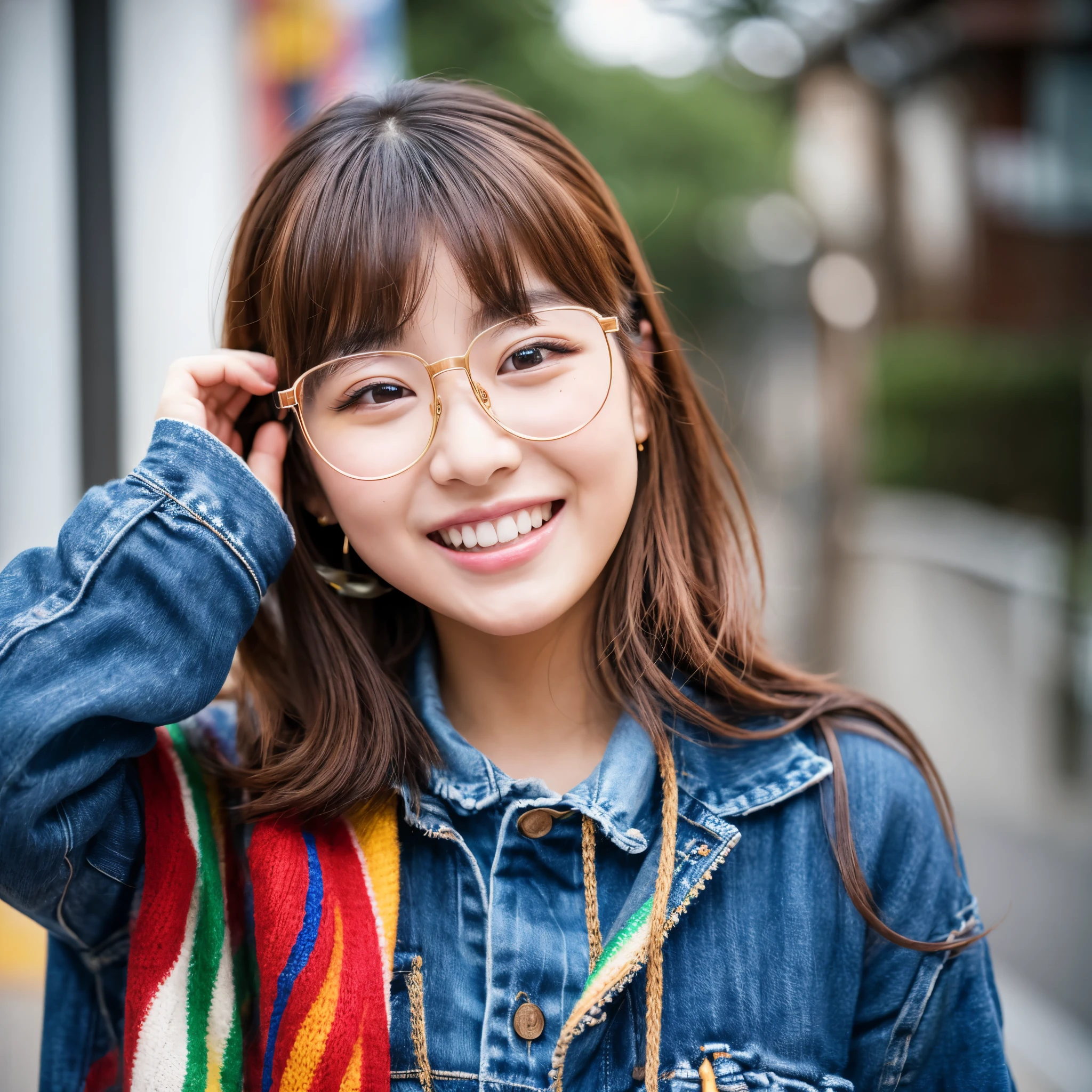 1 woman、18-year-old、masterpiece、highest quality、super detailed、born、Japanese、like a korean idol、brown hair、(small face:1.4)、eyeliner、eye shadow、laughter、(Curvaceous:1.4)、glasses、hip hop style、colorful clothes、Winter clothes、dynamic pose、Slow motion、blur the background