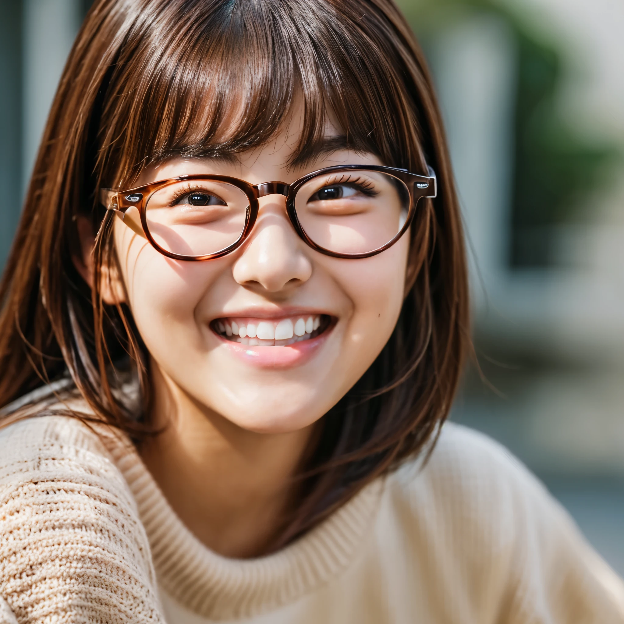 1 woman、18-year-old、masterpiece、highest quality、super detailed、born、Japanese、like a korean idol、brown hair、(small face:1.4)、eyeliner、eye shadow、laughter、(Curvaceous:1.4)、glasses、sweater、dynamic pose、Slow motion、blur the background