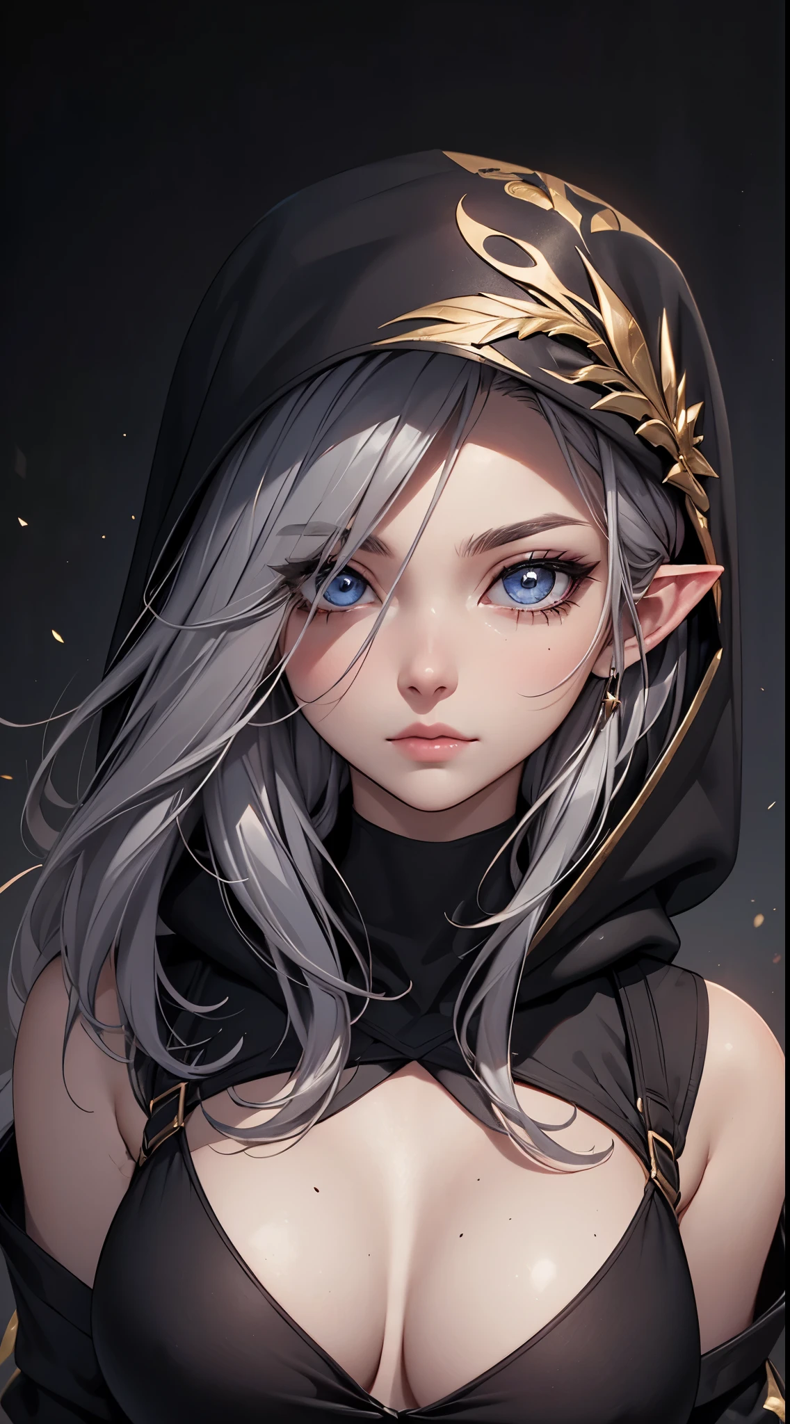 White elf girl, dark grey hair color, very long flowing hair, grey eye color, small eyes, round eye shape, eyeliner, realistic face shape. black shirt, portrait, wearing a black hood, black background, Depth of Field. looking at camera, dreamy look detailed eyes, detailed face, detailed skin, Ultra Detailed, Beautiful and Aesthetic, Masterpiece, Best Quality, shoulders showing. fish net fabric, round chin shape. wearing black hood over hair. showing full upper body and face. wearing a black hood, alot of flairs in background, zoomed out, black and gold. glowing,