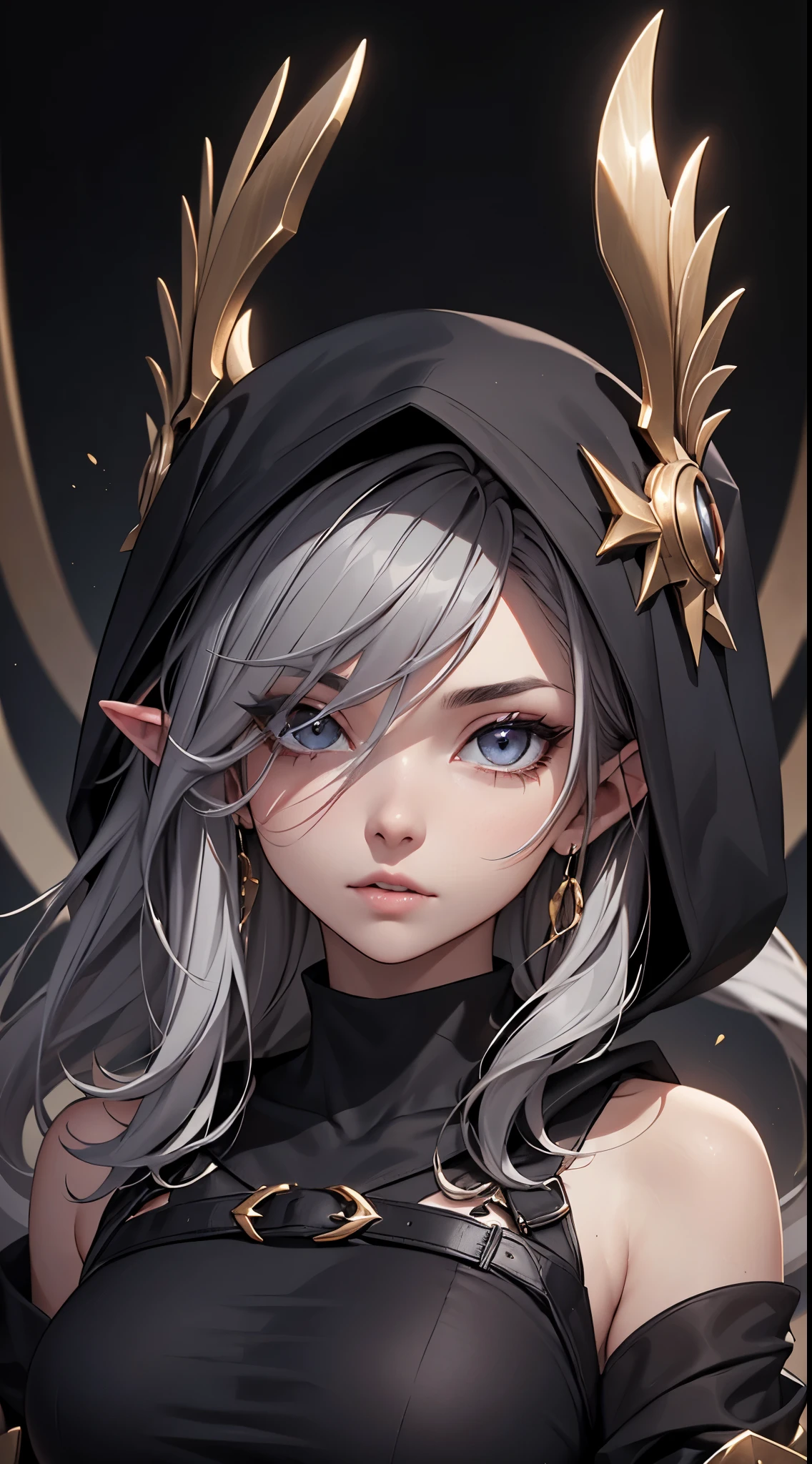 White elf girl, dark grey hair color, very long flowing hair, grey eye color, small eyes, round eye shape, eyeliner, realistic face shape. black shirt, portrait, wearing a black hood, black background, Depth of Field. looking at camera, dreamy look detailed eyes, detailed face, detailed skin, Ultra Detailed, Beautiful and Aesthetic, Masterpiece, Best Quality, shoulders showing. fish net fabric, round chin shape. wearing black hood over hair. showing full upper body and face. wearing a black hood, alot of flairs in background, zoomed out, black and gold. glowing,