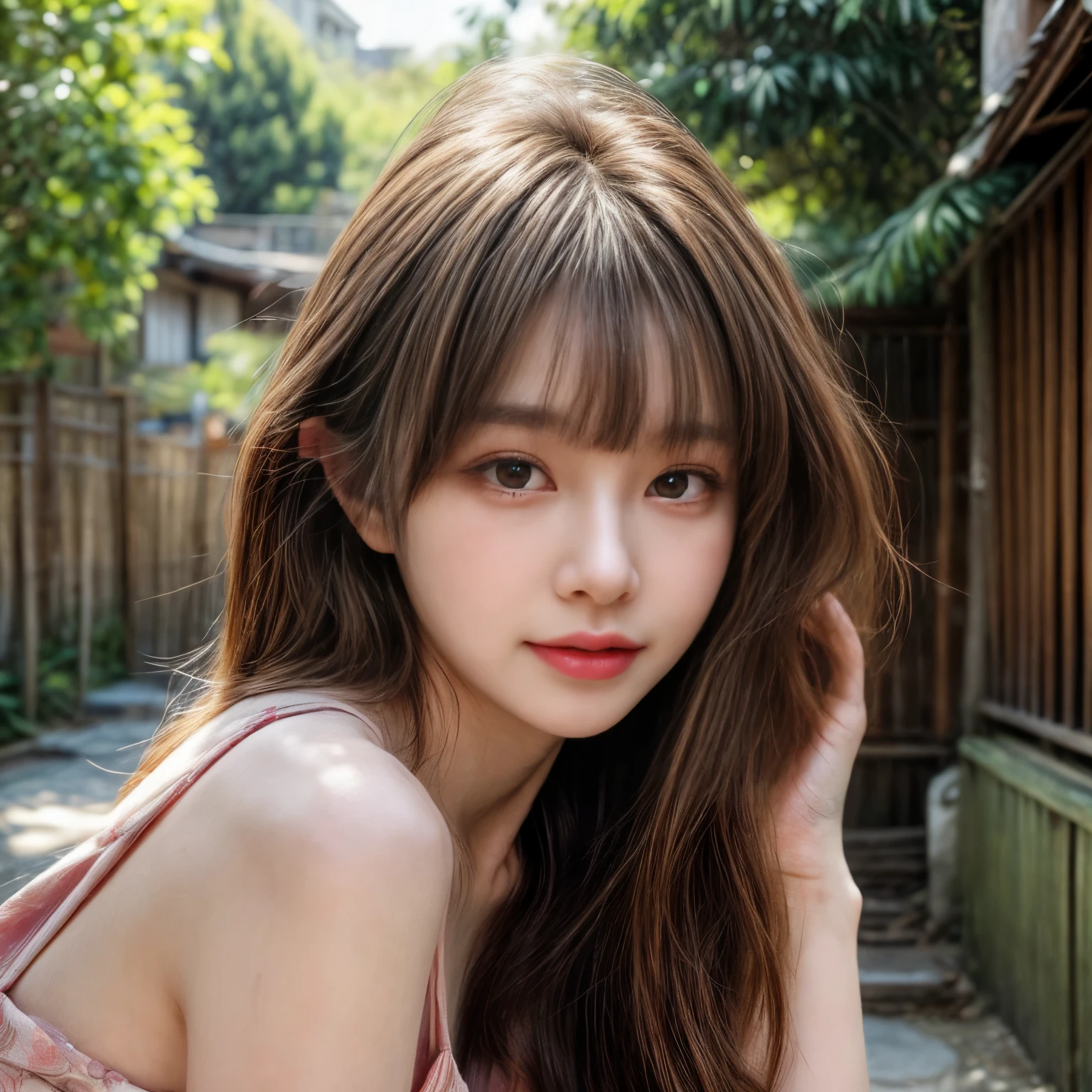 masterpiece、8K、32K、highest quality、(detailed eye)、(cute japanese woman、bangs)、23 years old、1 girl、elegant、(Detailed background depiction、Portrait:1.2)、(sundress:1.3)、japanese alley、standing、sunlight、daytime、smile、(Chunky lips:1.3)、cowboy shot、face forward