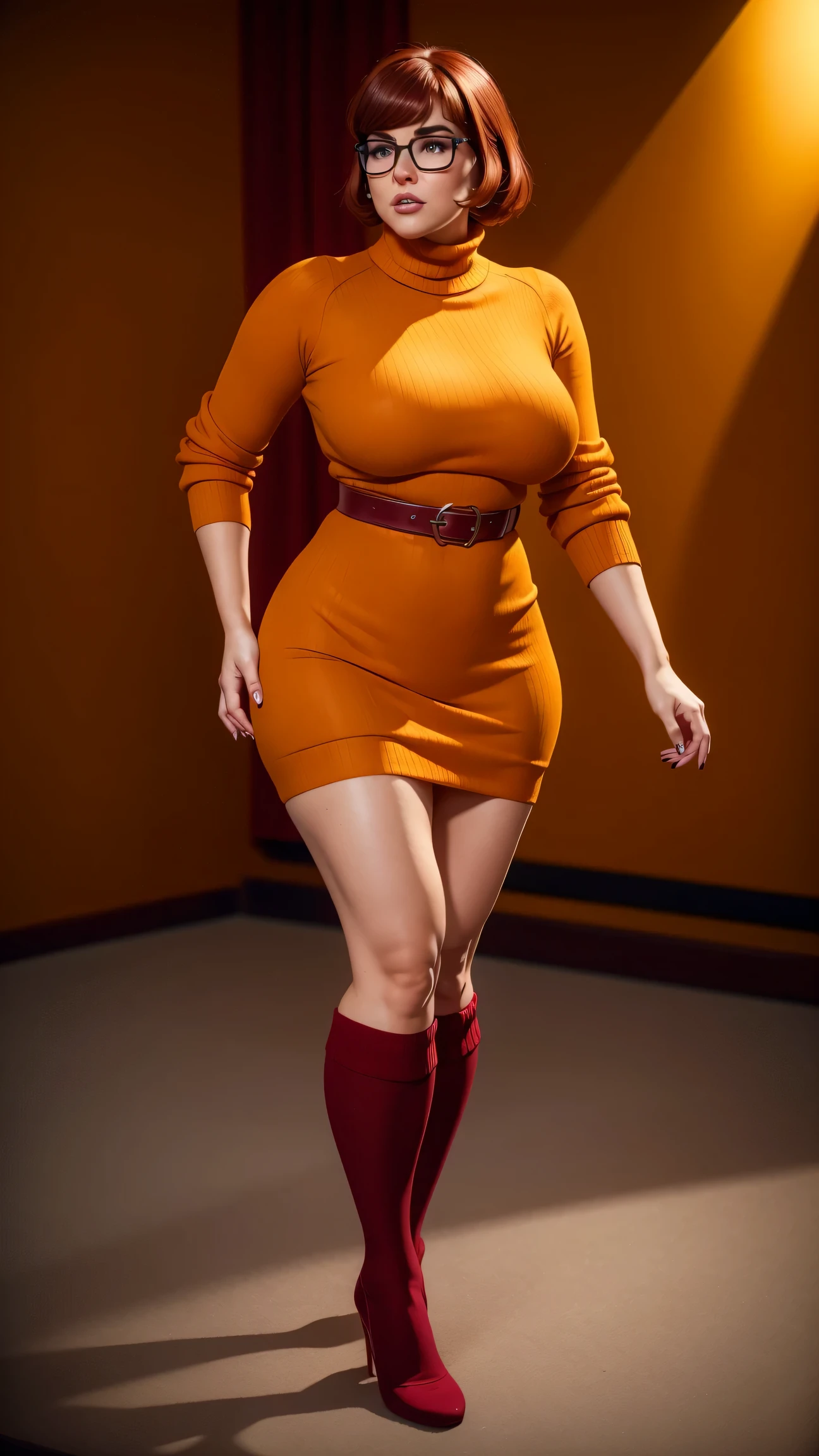 ((masterpiece, best quality, ultra-detailed, ultra-HD, photorealistic, cinematic)), (wide camera shot, full body view:1.5), (sensual pose, standing), (alluring and voluptuous female as Velma Dinkley:1.2), perfect anatomy, perfect face, proportioned hands, (deep shade of auburn with a slight natural wave hair color, chin-length bob with blunt bangs hairstyle:1.3), (retro-chic style outfit, knee-length and maroon turtleneck dress:1.2), (a matching maroon belt that cinches at her waist:1.2), (thick-framed black square glasses), (wears knee-high, mustard-yellow socks that peek out just above her brown, sensible lace-up shoes), (sports a delicate, gold pendant necklace), (vibrant orange cardigan slung over her shoulders), ((dynamic background)), huge breasts, huge breasts