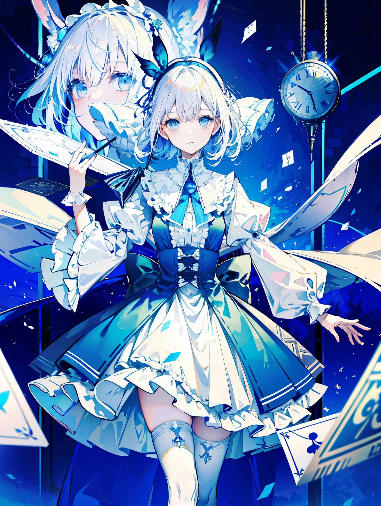 (beautiful and fine eyes), movie lighting, gray hair, blue eyes, long blonde hair, curly hair, roman curl, puff sleeves, frills, shining eyes, (irradiated particles), cloudyラッパー, alice in wonderland, blue eyes, light blue dress, cane, dramatic composition, extreme detail, High resolution, Mr.. Rabbit, White Rabbit, pocket watch, playing cards flying in the air, lolita dress, blue and white striped stockings, bow, look at the camera, Socks with frills, pearl necklace, lace gloves, Large bow Headdress, ribbon, jumping, fall, float, cloudy, Starry, dream-like