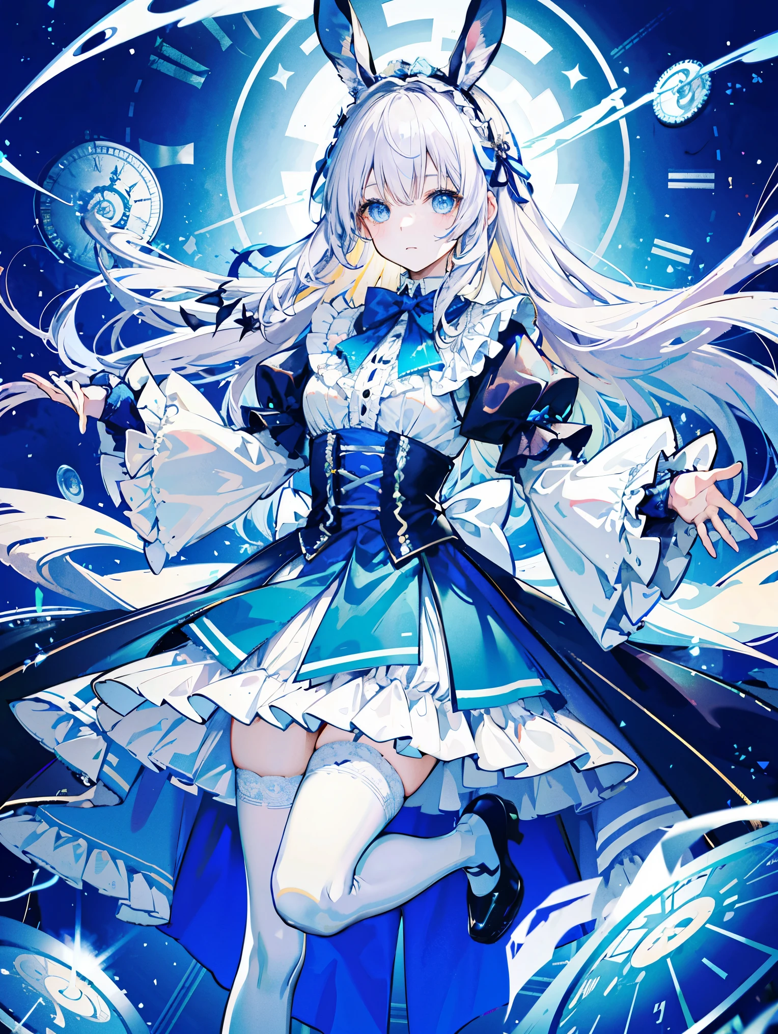 (beautiful and fine eyes), movie lighting, gray hair, blue eyes, long blonde hair, curly hair, roman curl, puff sleeves, frills, shining eyes, (irradiated particles), cloudyラッパー, alice in wonderland, blue eyes, light blue dress, cane, dramatic composition, extreme detail, High resolution, Mr.. Rabbit, White Rabbit, pocket watch, playing cards flying in the air, lolita dress, blue and white striped stockings, bow, look at the camera, Socks with frills, pearl necklace, lace gloves, Large bow Headdress, ribbon, jumping, fall, float, cloudy, Starry, dream-like