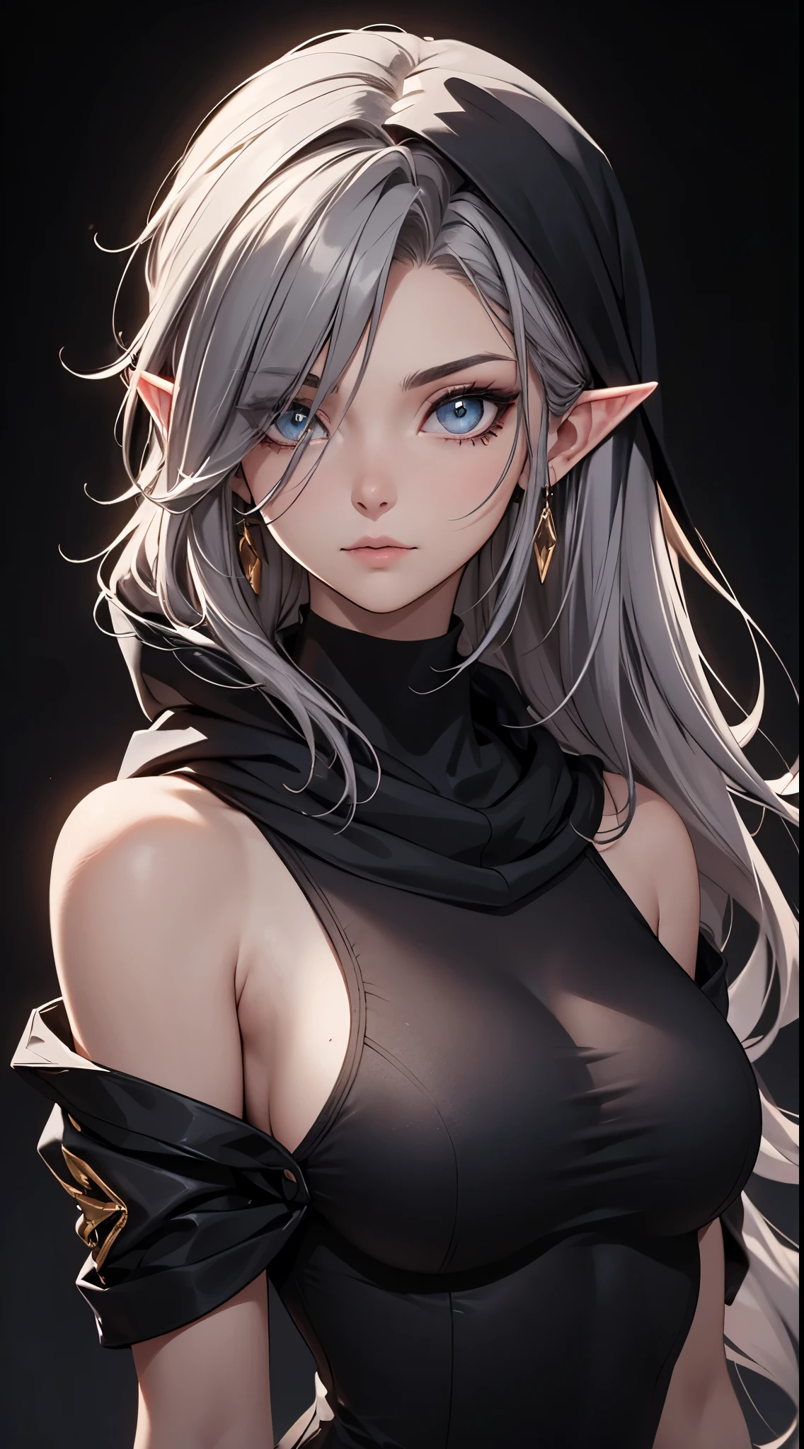White elf girl, dark grey hair color, very long flowing hair, grey eye color, small eyes, round eye shape, eyeliner, realistic face shape. black shirt, portrait, wearing a black hood, black background, Depth of Field. looking at camera, dreamy look detailed eyes, detailed face, detailed skin, Ultra Detailed, Beautiful and Aesthetic, Masterpiece, Best Quality, shoulders showing. fish net fabric accents, round chin shape. wearing black hood over hair. showing full upper body and face. wearing a black hood, alot of flairs in background, zoomed out, black and gold. glowing,