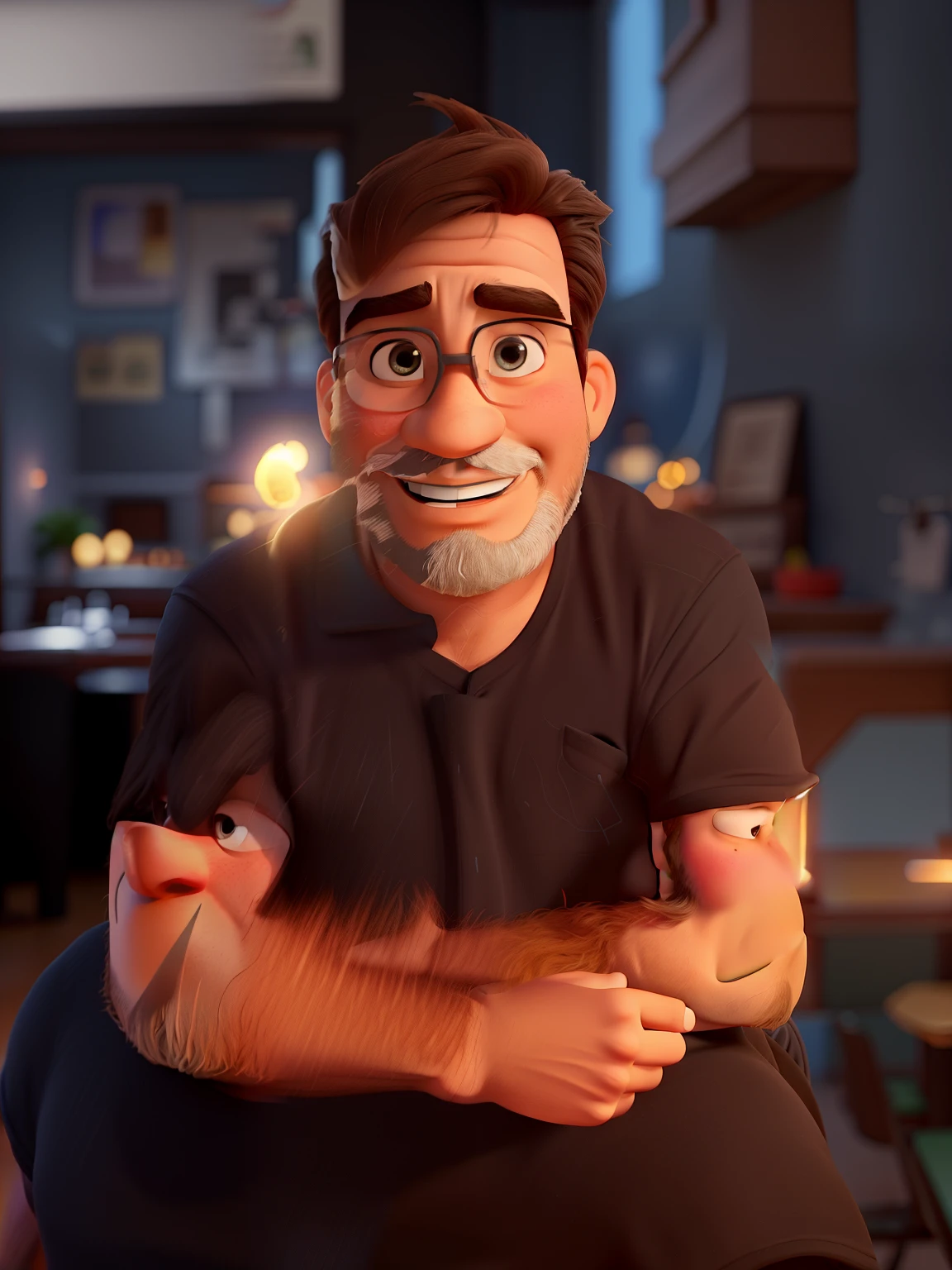 Poster no estilo Disney pixar, alta qualidade, melhor qualidade, homem sexy branco, 30 anos cabelo grisalho barba preta, musculoso, com fundo em um restaurante a luz de velas