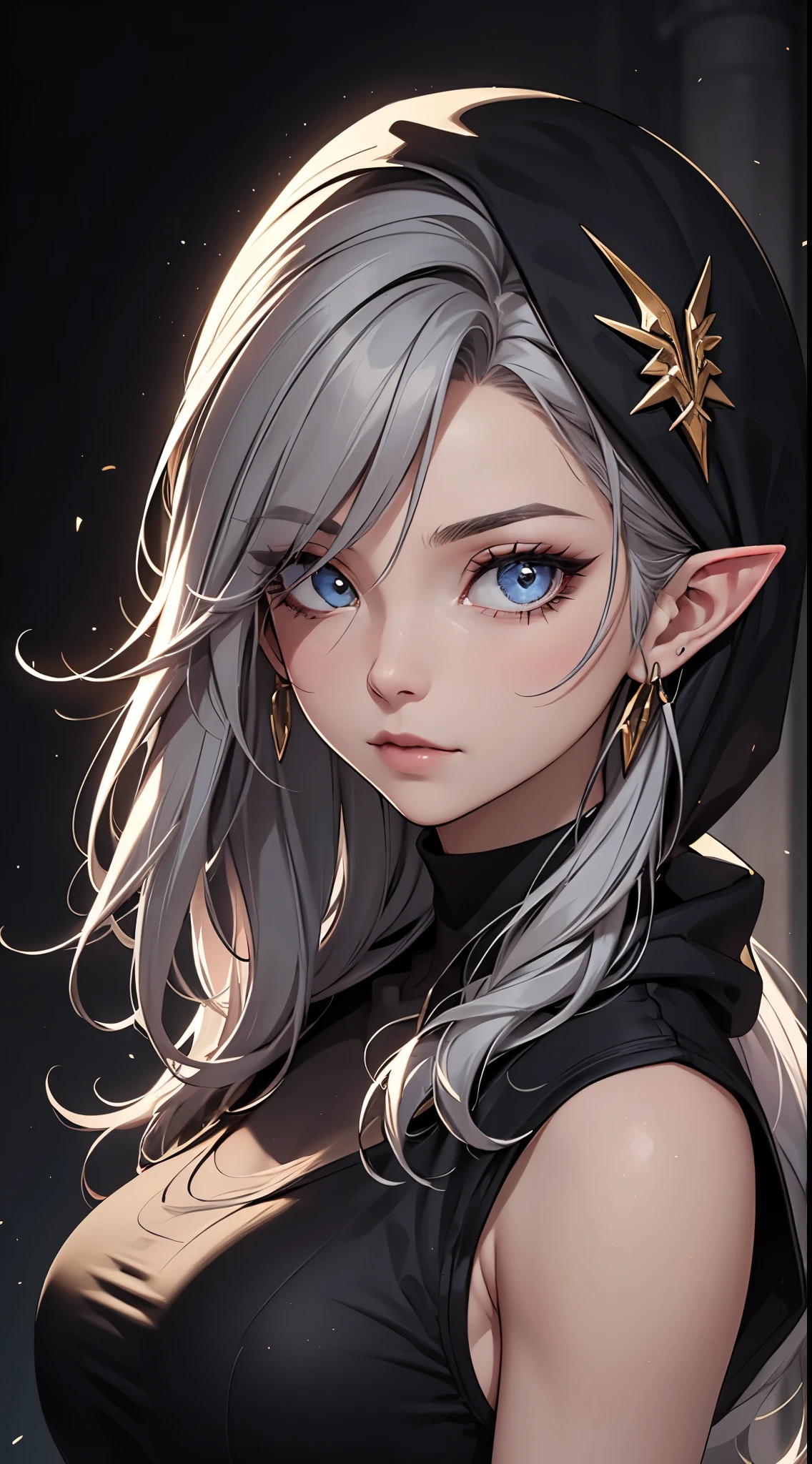 White elf girl, dark grey hair color, very long flowing hair, grey eye color, small eyes, round eye shape, eyeliner, realistic face shape. black shirt, portrait, wearing a black hood, black background, Depth of Field. looking at camera, dreamy look detailed eyes, detailed face, detailed skin, Ultra Detailed, Beautiful and Aesthetic, Masterpiece, Best Quality, shoulders showing. fish net fabric accents, round chin shape. wearing black hood over hair. showing full upper body and face. wearing a black hood, alot of flairs in background, zoomed out, black and gold. glowing,