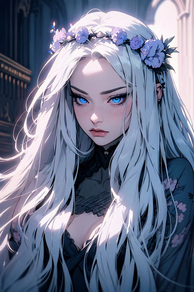 hyper-realistic  of a mysterious woman with flowing silver hair, piercing blue eyes, and a delicate floral crown, upper body