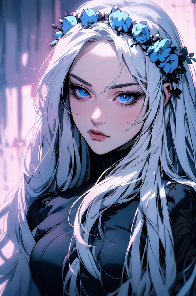 hyper-realistic of a mysterious woman with flowing silver hair, piercing blue eyes, and a delicate floral crown, upper body