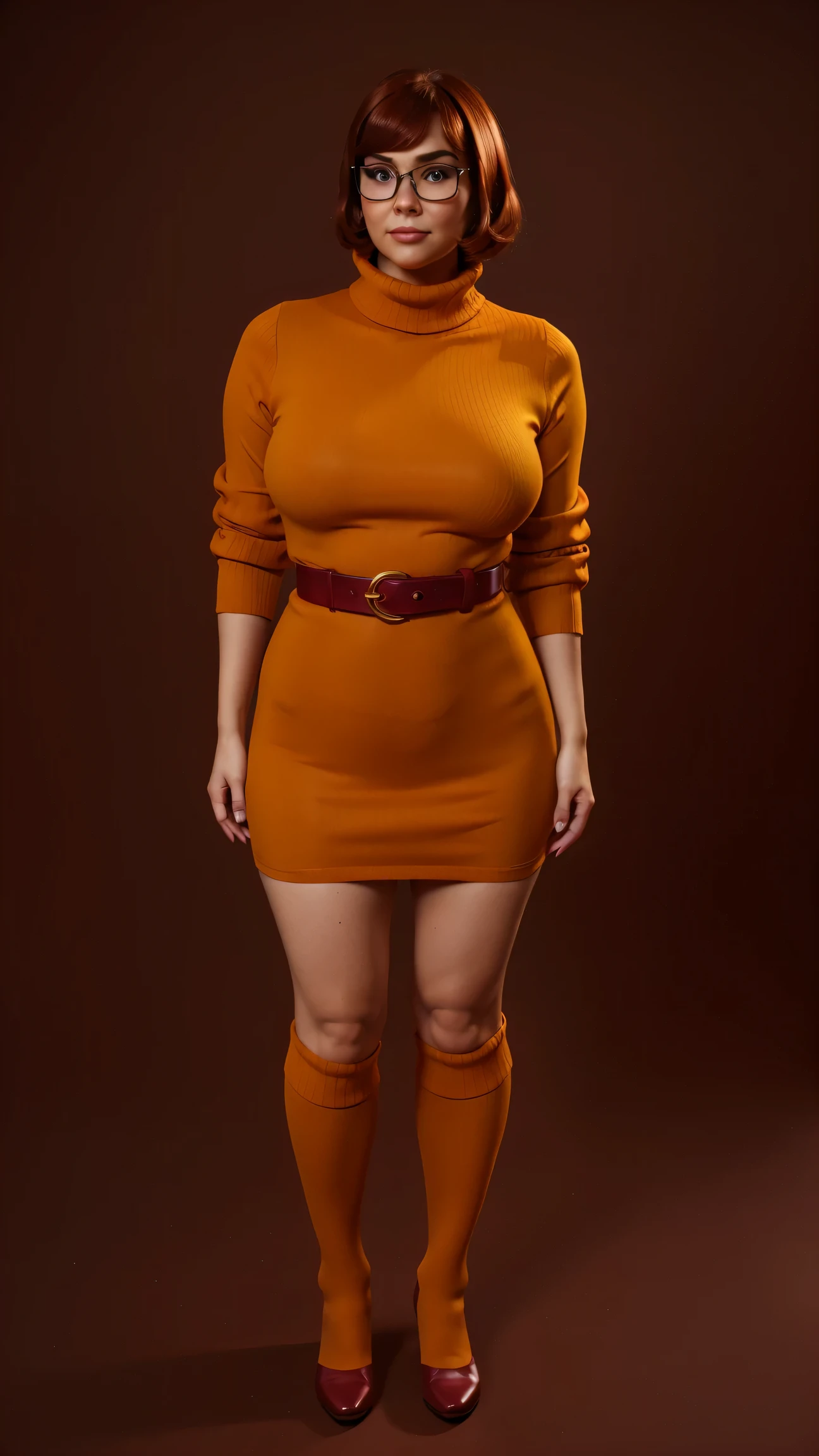 ((masterpiece, best quality, ultra-detailed, ultra-HD, photorealistic, cinematic)), (wide camera shot, full body view:1.5), (sensual pose, standing), (alluring and voluptuous female as Velma Dinkley:1.2), perfect anatomy, perfect face, proportioned hands, (deep shade of auburn with a slight natural wave hair color, chin-length bob with blunt bangs hairstyle:1.3), (retro-chic style outfit, knee-length and maroon turtleneck dress:1.2), (a matching maroon belt that cinches at her waist:1.2), (thick-framed black square glasses), (wears knee-high, mustard-yellow socks that peek out just above her brown, sensible lace-up shoes), (sports a delicate, gold pendant necklace), (vibrant orange cardigan slung over her shoulders), ((dynamic background))
