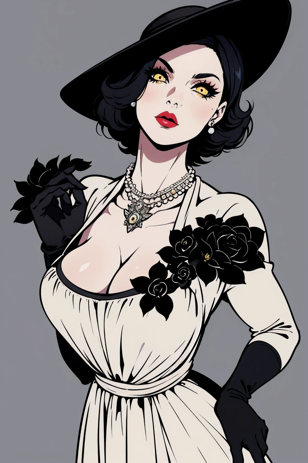 Alcina, yellow eyes,black hair,short hair, lipstick, mature woman, make up, veiny skin, curvy, white dress, hat, single earring, cleavage, pearl necklace, black gloves, 1girl, solo, facing viewer, looking at viewer, whole body, backwards, looking at us
