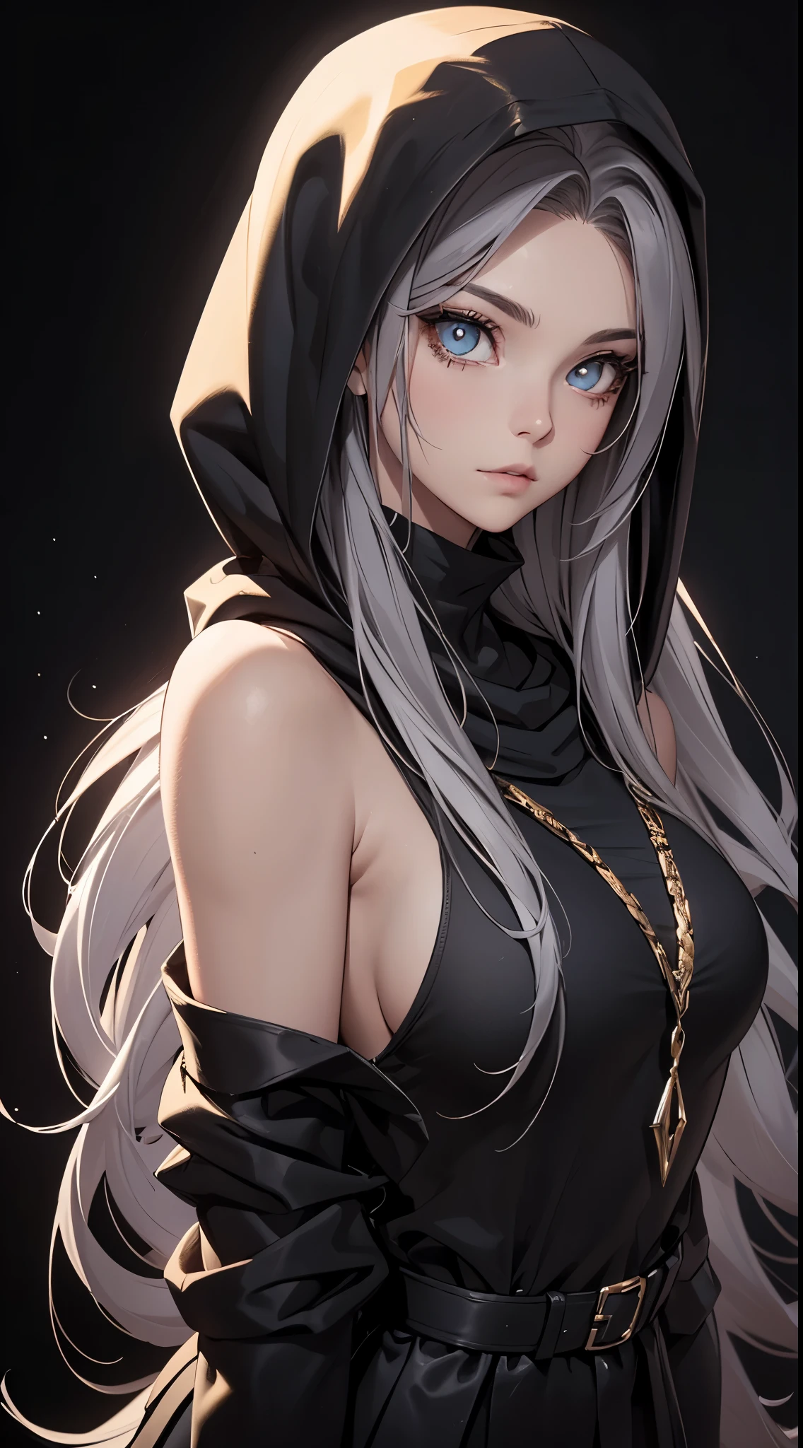 White elf girl, dark grey hair color, very long flowing hair, grey eye color, small eyes, round eye shape, eyeliner, realistic face shape. black shirt, portrait, wearing a black hood, black background, Depth of Field. looking at camera, dreamy look detailed eyes, detailed face, detailed skin, Ultra Detailed, Beautiful and Aesthetic, Masterpiece, Best Quality, shoulders showing. fish net fabric accents, round chin shape. wearing black hood over hair. showing full upper body and face. wearing a black hood, alot of flairs in background, zoomed out, black and gold. glowing,