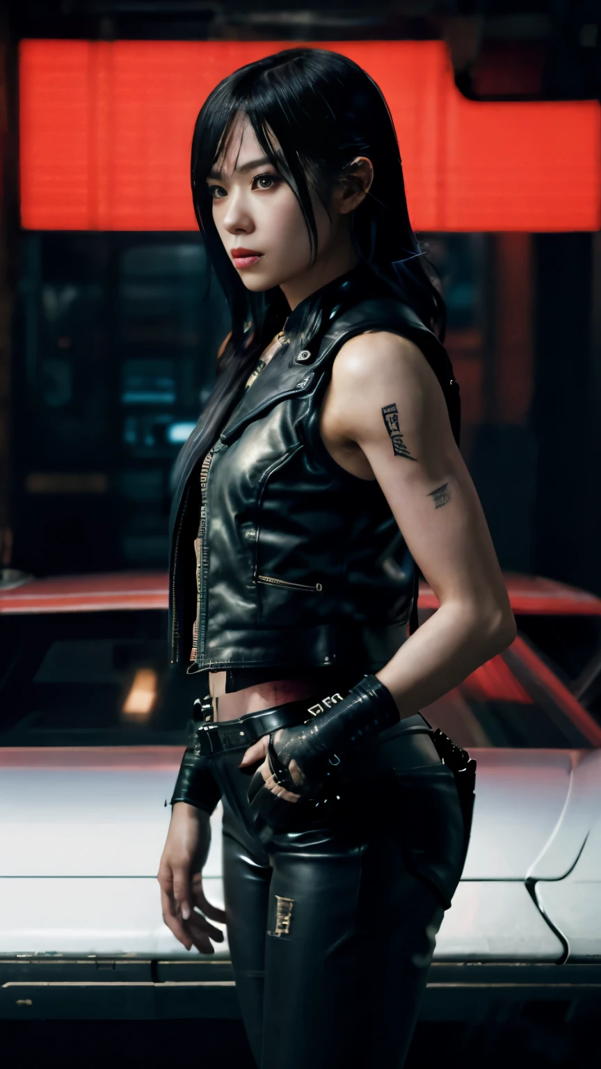 highest quality,masterpiece,Super detailed,8K, UHD,Beautiful woman,japanese woman,Expressionless,(Topless),whole body,((tattoo)),slim,Black leather pants,black leather vest,(female mafia),gangster,(cyberpunk city),night,cinematic lightening,movie poster,underworld