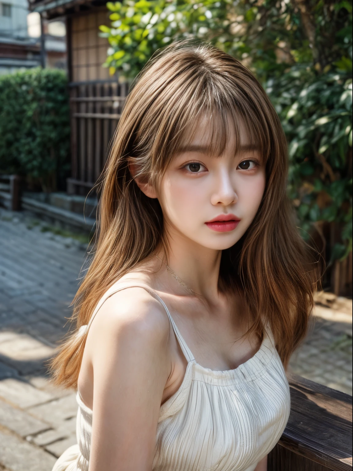 masterpiece、8K、32K、highest quality、(detailed eye)、(cute japanese woman、bangs)、23 years old、1 girl、elegant、(Detailed background depiction、Portrait:1.2)、Tank top、(white sundress:1.3)、japanese alley、standing、sunlight、daytime、(Chunky lips:1.3)、cowboy shot、face forward