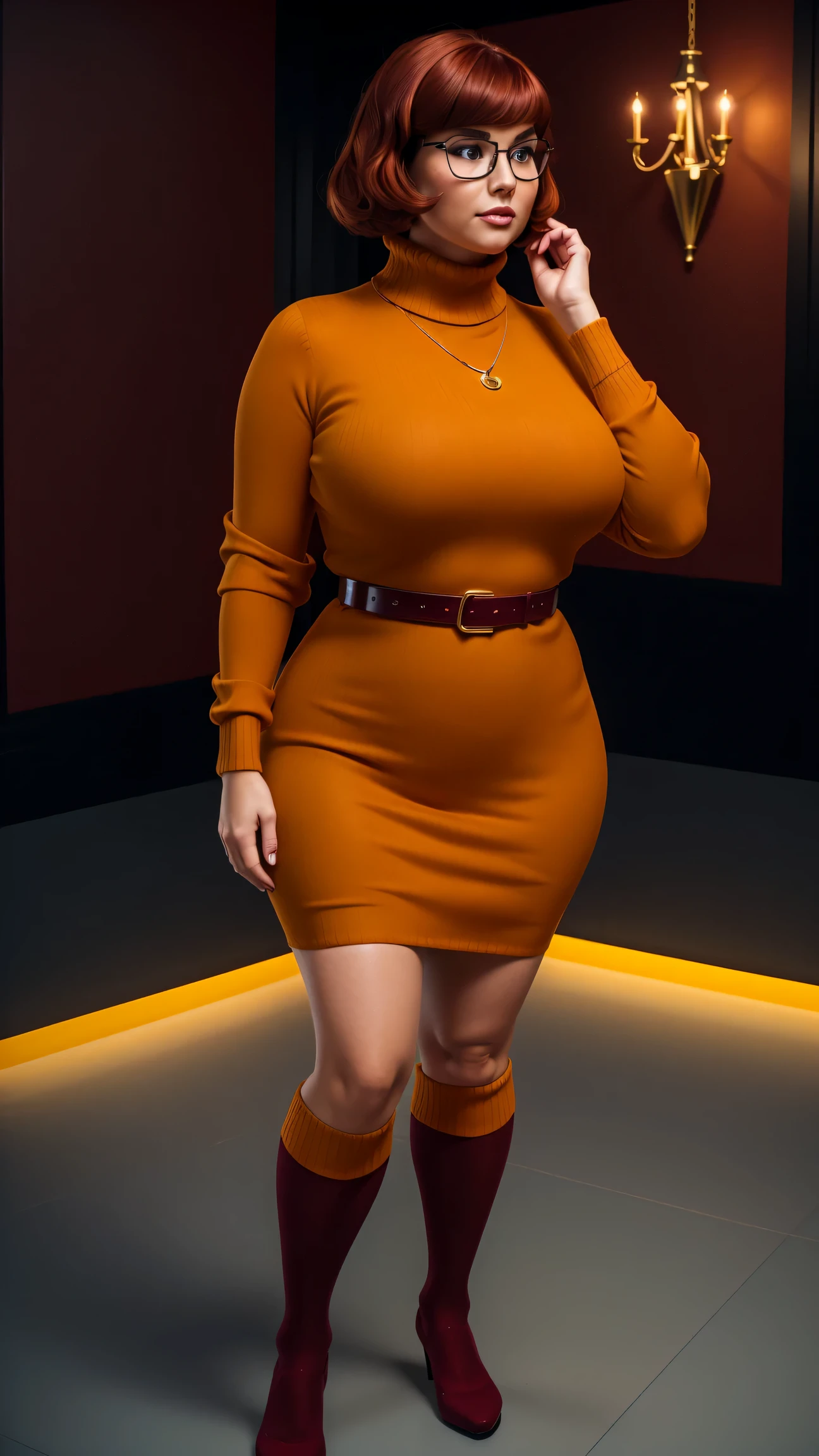 ((masterpiece, best quality, ultra-detailed, ultra-HD, photorealistic, cinematic)), (wide camera shot, full body view:1.5), (sensual pose, standing), (alluring and voluptuous female as Velma Dinkley:1.2), perfect anatomy, perfect face, proportioned hands, (deep shade of auburn with a slight natural wave hair color, chin-length bob with blunt bangs hairstyle:1.3), (retro-chic style outfit, knee-length and maroon turtleneck dress:1.2), (a matching maroon belt that cinches at her waist:1.2), (thick-framed black square glasses), (wears knee-high, mustard-yellow socks that peek out just above her brown, sensible lace-up shoes), (sports a delicate, gold pendant necklace), (vibrant orange cardigan slung over her shoulders), ((dynamic background))