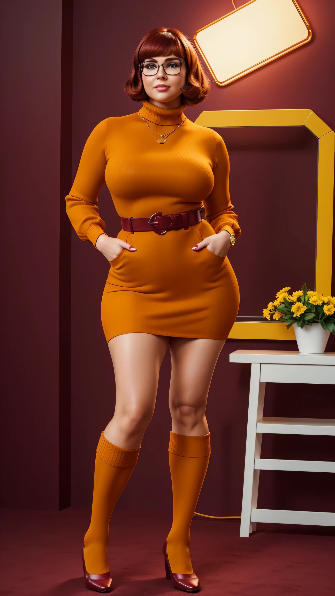 ((masterpiece, best quality, ultra-detailed, ultra-HD, photorealistic, cinematic)), (wide camera shot, full body view:1.5), (sensual pose, standing), (alluring and voluptuous female as Velma Dinkley:1.2), perfect anatomy, perfect face, proportioned hands, (deep shade of auburn with a slight natural wave hair color, chin-length bob with blunt bangs hairstyle:1.3), (retro-chic style outfit, knee-length and maroon turtleneck dress:1.2), (a matching maroon belt that cinches at her waist:1.2), (thick-framed black square glasses), (wears knee-high, mustard-yellow socks that peek out just above her brown, sensible lace-up shoes), (sports a delicate, gold pendant necklace), (vibrant orange cardigan slung over her shoulders), ((dynamic background))