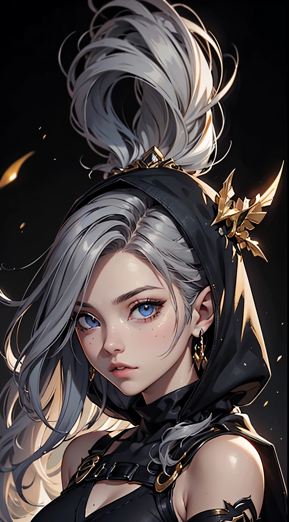 White elf girl, dark grey hair color, very long flowing hair, grey eye color, small eyes, round eye shape, eyeliner, realistic face shape. black shirt, portrait, wearing a black hood, black background, Depth of Field. looking at camera, dreamy look detailed eyes, detailed face, detailed skin, Ultra Detailed, Beautiful and Aesthetic, Masterpiece, Best Quality, shoulders showing. fishnet fabric accents, round chin shape. wearing black hood over hair. showing full upper body and face. wearing a black hood, alot of flairs in background, zoomed out, black and gold. glowing,