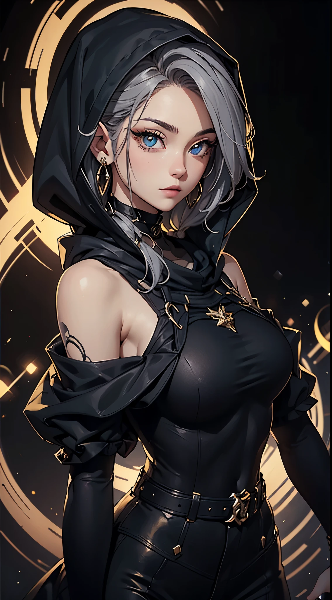White elf girl, dark grey hair color, very long flowing hair, grey eye color, small eyes, round eye shape, eyeliner, realistic face shape. black shirt, portrait, wearing a black hood, black background, Depth of Field. looking at camera, dreamy look detailed eyes, detailed face, detailed skin, Ultra Detailed, Beautiful and Aesthetic, Masterpiece, Best Quality, shoulders showing. fishnet fabric accents, round chin shape. wearing black hood over hair. showing full upper body and face. wearing a black hood, alot of flairs in background, zoomed out, black and gold. glowing,