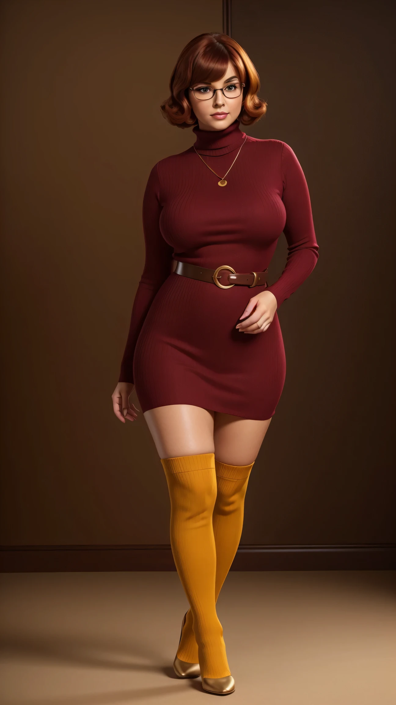 ((masterpiece, best quality, ultra-detailed, ultra-HD, photorealistic, cinematic)), (wide camera shot, full body view:1.5), (sensual pose, standing), (alluring and voluptuous female as Velma Dinkley:1.2), perfect anatomy, perfect face, proportioned hands, (deep shade of auburn with a slight natural wave hair color, chin-length bob with blunt bangs hairstyle:1.3), (retro-chic style outfit, knee-length and maroon turtleneck dress:1.2), (a matching maroon belt that cinches at her waist:1.2), (thick-framed black square glasses), (wears knee-high, mustard-yellow socks that peek out just above her brown, sensible lace-up shoes), (sports a delicate, gold pendant necklace), (vibrant orange cardigan slung over her shoulders), ((dynamic background))